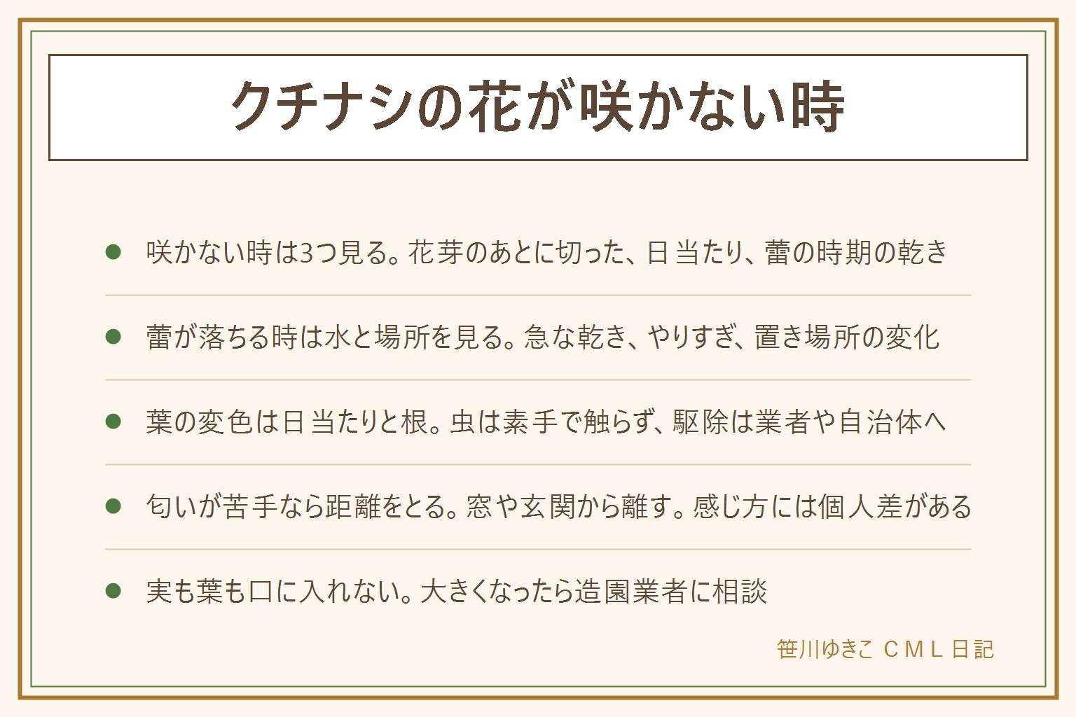 クチナシの花が咲かない時の早見表:咲かない時は、花芽のあとに切った、日当たり不足、蕾の時期の急な乾きの3つを見る。切る時期は花が終わったすぐあとが目安。蕾が落ちる時は、急な乾き、水のやりすぎ、置き場所の変化、風を見直す。葉が黄色いのは日当たりと根と土、葉に食べ跡があれば素手で触らず業者や自治体の案内へ。匂いは好みが分かれるので、苦手な人は窓や玄関から離して置く。ガーデニアはクチナシの別名として使われることがあり、ジャスミンは別の植物。実と葉と花は口に入れず、触ったら手を洗う。大きくなったら造園業者に相談