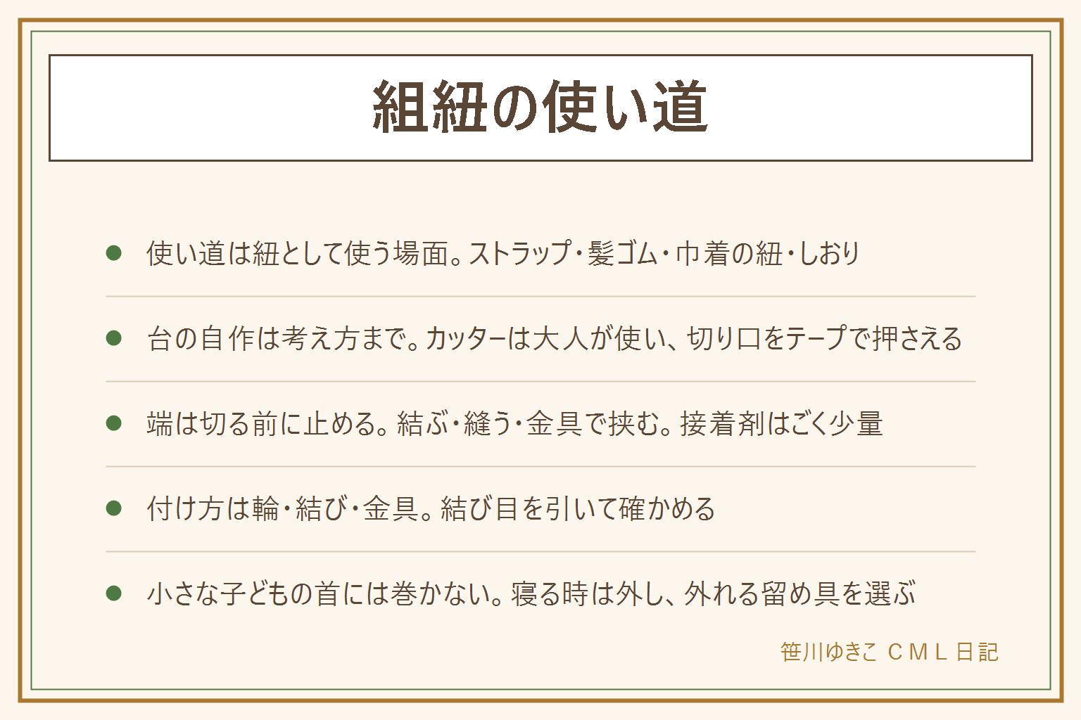 組紐の使い道の早見表:使い道は、ストラップ、髪ゴム、巾着の紐、しおりの紐、太めに組んだカーテンのまとめ紐。台を自作する時は、段ボールを円に切り、ふちに切れ込みを入れ、糸をかけて組む。カッターは大人が使い、切り口はテープで押さえる。端は切る前に、ひと結び、縫い留め、紐端の金具で止める。接着剤はごく少量で、換気をして子どもの手の届かない所で使う。付け方は輪、結び、金具の3つ。首にかける物は小さな子どもの首に巻かず、寝る時は外し、強い力で外れる留め具を選ぶ。洗い方は糸の表示で確かめ、平らに干す
