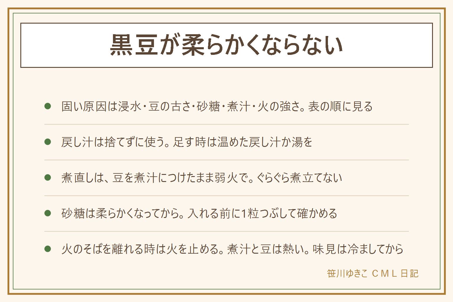 黒豆が柔らかくならない時の早見表:原因は浸水、豆の古さ、砂糖のタイミング、煮汁の量、火の強さの順に見る。戻し汁は捨てず、そのまま煮るのが基本で、煮汁を足す時は温めた戻し汁か湯を使う。煮直しは煮汁を足して豆をつからせ、落とし蓋をして弱火にし、火のそばを離れる時は火を止め、豆を1粒冷ましてから指でつぶして確かめる。砂糖を入れたあとは柔らかくなりにくいので、入れる前に必ず1粒つぶして確かめる。煮汁と豆は熱いので味見は冷ましてから。においや糸を引くなどの違和感があれば食べない