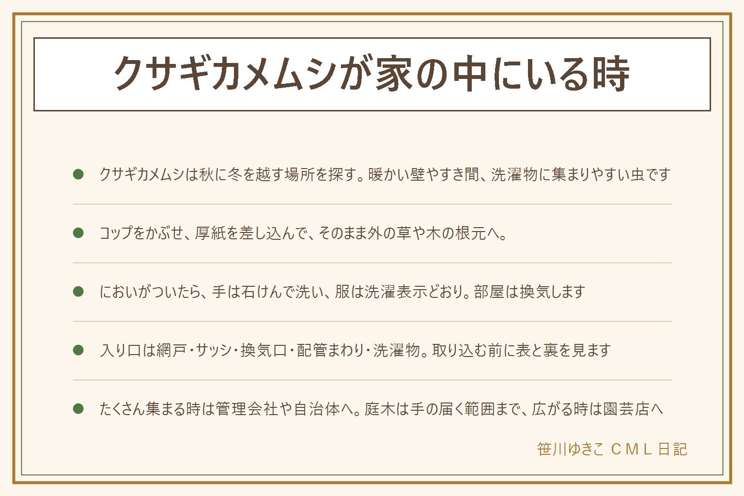 クサギカメムシが家の中にいる時の早見表:秋に冬を越す場所を探して、暖かい壁やすき間、洗濯物、窓のサッシのまわりに集まりやすい。素手でつかまず、コップをかぶせて下に厚紙を差し込み、そのまま外の草や木の根元へ放す。掃除機で吸わない。においが手についたら石けんで洗い、服は洗濯表示どおりに洗って換気する。入り口は網戸の端、サッシ、換気口、エアコン配管の穴のまわり、洗濯物。取り込む前に表と裏を見る。たくさん集まる時は管理会社や自治体に相談する。子どもとペットは虫を素手でつかまない