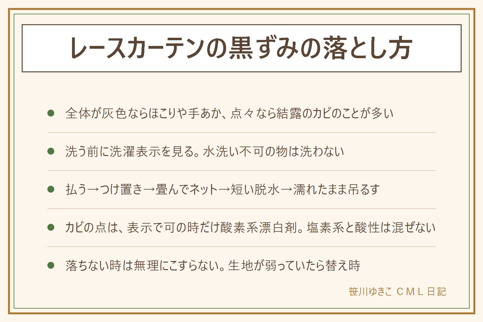 レースカーテンの黒ずみの落とし方の早見表:全体がうっすら灰色ならほこり・排気ガス・手あか、裾や窓側の黒い点は結露のカビのことが多い。洗う前に洗濯表示を確認し、水洗い不可の物は洗わない、乾燥機も表示に従う。流れは、ほこりを払う、ぬるま湯に洗濯用洗剤でつけ置き、蛇腹に畳んで大きめの洗濯ネットに入れて弱い水流で洗う、脱水は短く、濡れたままレールに吊るす。カビの点は白いレースで表示が許せば酸素系漂白剤、色柄は目立たない所で試す、塩素系は表示で可の時だけ。塩素系と酸性のものは混ぜず同じ日に続けて使わない、換気とゴム手袋。落ちない時は生地の弱りを疑い無理にこすらず、替え時を考える