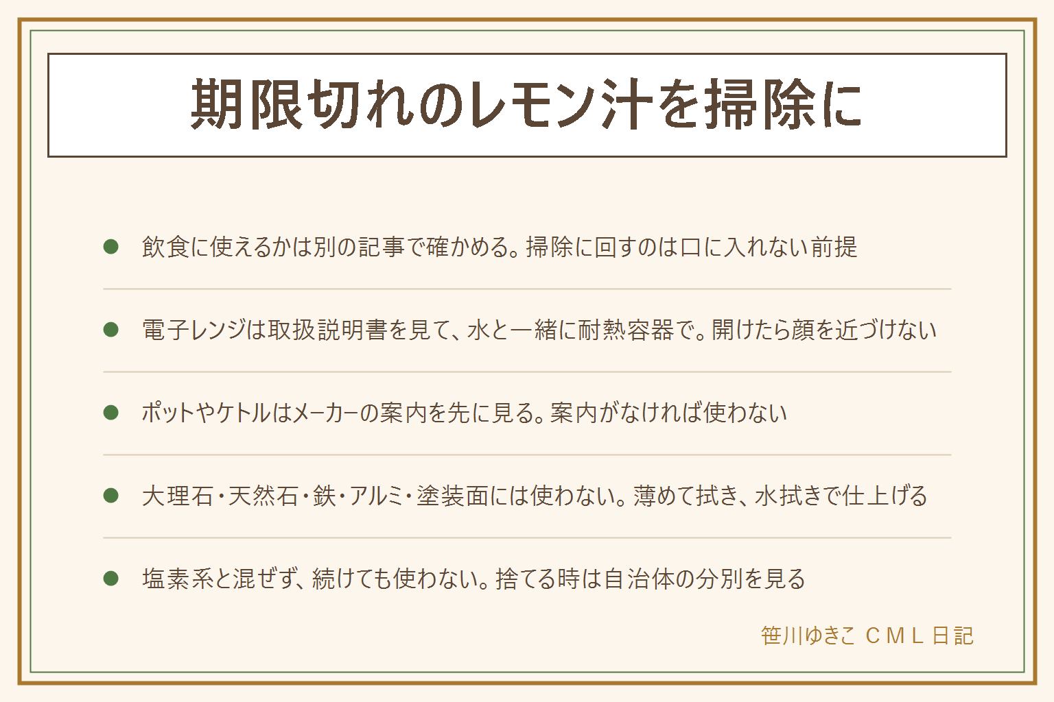期限切れのレモン汁を掃除に回す早見表:飲食に使えるかの判断と掃除は別の話で、掃除に回すのは口に入れない前提。カビ、強い異臭、容器のふくらみや液漏れ、分離して戻らない物は掃除にも使わず処分する。電子レンジは取扱説明書を先に見て、耐熱容器に水と一緒に入れ、液体だけを長く加熱しない。加熱後は扉を開けて顔を近づけず、やけどに注意する。ポットやケトルはメーカーが酸を使うお手入れを案内している物だけ。シンクの水あかは水で薄めて布で拭き、水拭きで仕上げる。大理石、天然石、鉄、アルミ、塗装面には使わない。塩素系の洗剤や漂白剤と混ぜず、同じ場所で続けて使わない。捨てる時は自治体の分別を見て、中身は少しずつ、ボトルはすすいで素材ごとに出す