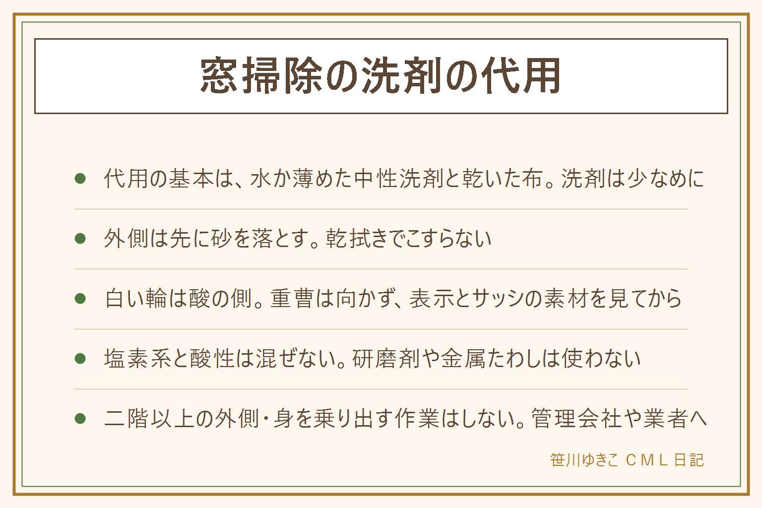 窓掃除の洗剤の代用の早見表:代用の基本は水か薄めた台所用の中性洗剤と乾いた柔らかい布。手あかや油のくもりは薄めた中性洗剤、外側の砂ぼこりは先に水で流すか払ってから拭く。白い水あかの輪は酸性の物を表示とサッシの素材を見て使い、重曹はアルカリ性なので向かない。研磨剤や金属たわしは使わず、塩素系と酸性の物は混ぜない。拭き跡を残さないには、日陰か曇りの日に、上から下へ、洗剤は少なく、水拭きで取って水切りワイパーと乾いた布で仕上げる。二階以上の外側や身を乗り出す作業は自分でやらず管理会社や業者へ。脚立は平らな所で使う