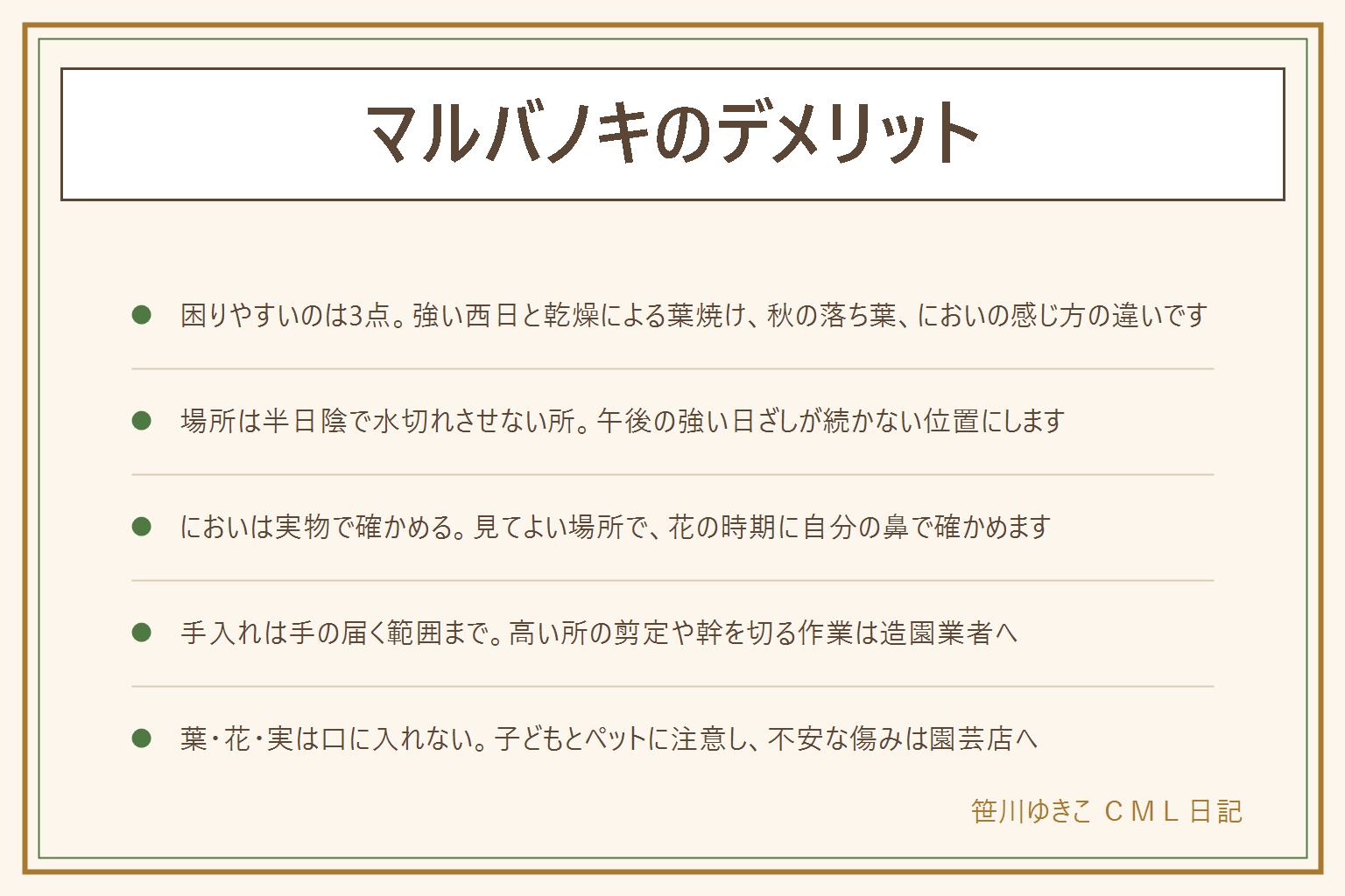 マルバノキのデメリットの早見表:困りごとは葉焼け、落ち葉、におい、大きさ、植える場所の5つ。葉焼けは強い西日と乾燥で葉のふちが茶色くなりやすいので、半日陰で水切れさせない場所を選ぶ。落ち葉は通路や排水口から離す。においの感じ方は人によって違うので、花の時期に見てよい場所で実物を確かめる。大きさは手の届く範囲で管理し、高い所の剪定や幹を切る作業は造園業者へ。隣家との境界から離して植える。葉や花や実は口に入れない、子どもとペットに注意。傷みが広がったら葉や枝を持って園芸店に相談