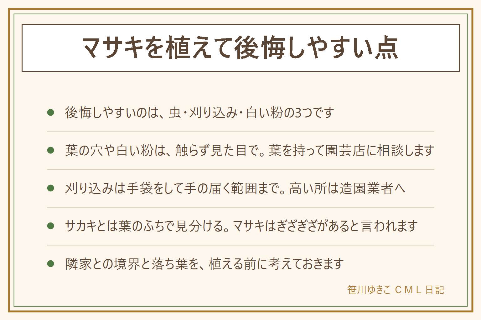 マサキを植えて後悔しやすい点の早見表:マサキは丈夫な常緑の木と言われるが、葉を食べる虫、毎年の刈り込み、葉に出る白い粉のようなもの、落ち葉、高さが後悔につながりやすい。虫は素手で触らず、広がっている時は造園業者や園芸店に相談する。白い粉は葉を持って園芸店で相談する。刈り込みは手袋をして手の届く範囲まで、乗らないと届かない高さは業者へ。サカキは葉のふちがなめらかで、マサキはふちに浅いぎざぎざがある。隣家との境界を確かめ、葉や実は口に入れない