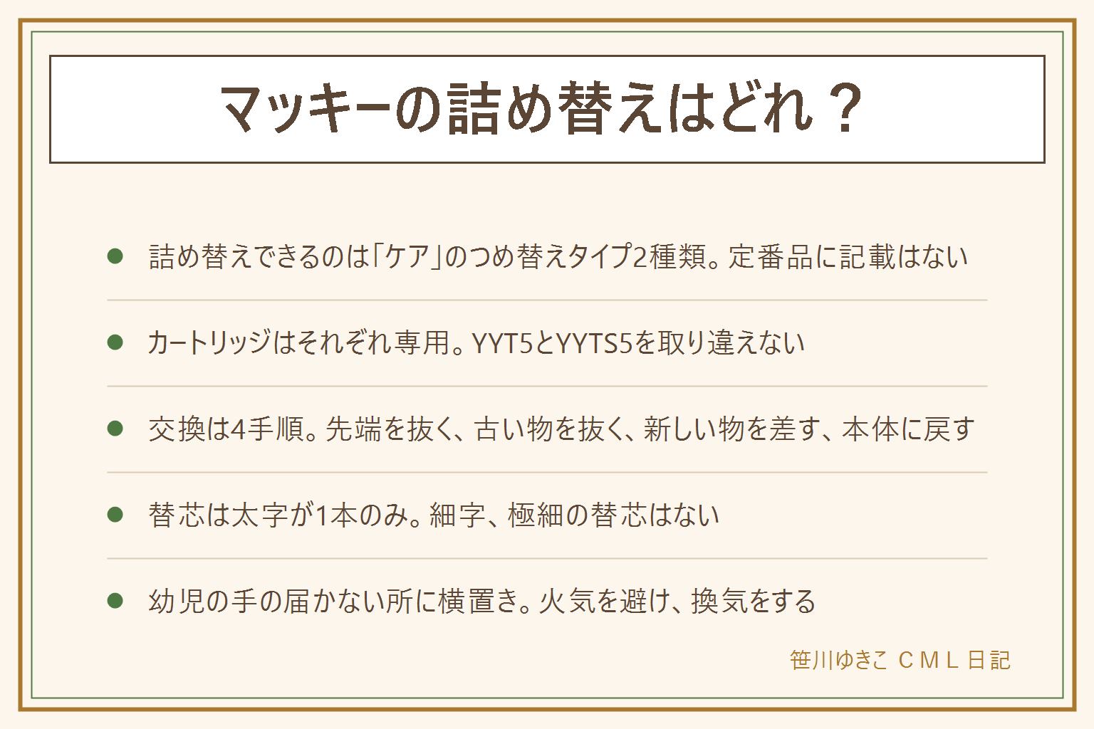マッキーの詰め替えの早見表:ゼブラの公式サイトでつめ替え式と書かれているのは、ハイマッキー ケア つめ替えタイプ(太・細両用)とマッキー ケア 極細つめ替えタイプ(細・極細両用)の2種類で、ハイマッキーやマッキー極細などの定番品に記載はない。カートリッジはそれぞれ専用でYYT5用とYYTS5用、取り違えると使えない。交換は先端を抜く、古いカートリッジを抜く、新しいカートリッジをケースごと差し込む、本体に戻す、の4手順。幼児の手の届かない所に、横置きで保管し、火気を避けて換気する