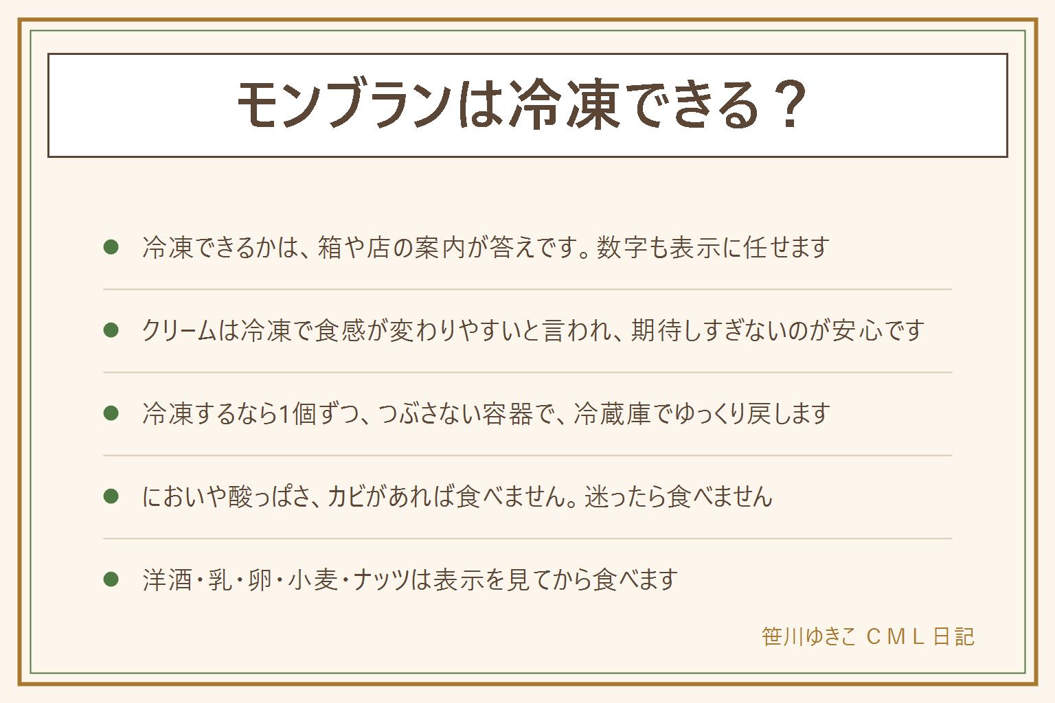 モンブランは冷凍できる?の早見表:冷凍できるかは店や商品の案内が答え。生クリームや栗のクリームは冷凍すると食感が変わりやすいと言われる。案内に冷凍の方法があればそれに従う。冷凍するなら1個ずつつぶさない容器に入れ、冷蔵庫でゆっくり戻し、戻したら凍らせ直さない。あたため直す時はそばを離れず、やけどに注意する。いやなにおい、カビ、いつもと違う酸っぱさがあれば食べない。迷ったら食べない。洋酒、乳、卵、小麦、ナッツは表示で確かめ、子どもやお酒を控えている人、運転する人は洋酒の有無を見る