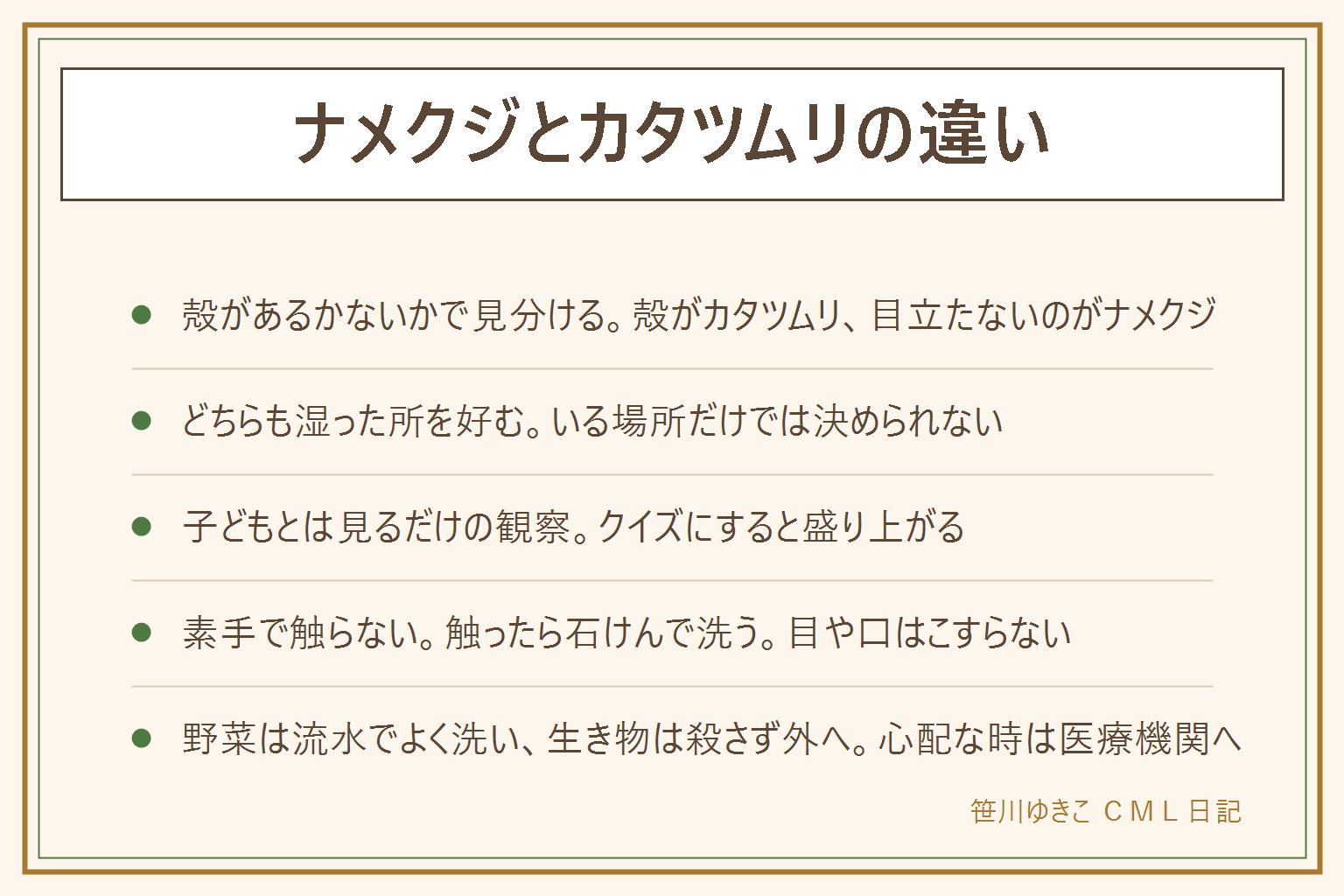 ナメクジとカタツムリの違いの早見表:見分けのいちばんの手がかりは殻があるかないか、カタツムリは背中に巻いた殻があり殻に体を引っこめられる、ナメクジは殻が目立たない。どちらも湿った所を好み、雨の日や夜に見かけやすく、這った跡に光る筋が残ることがある。子どもには見るだけの観察で、殻はあるかなと一緒に見て、虫眼鏡を使い、観察のあとは元の場所へ。素手で触らない、触ったら石けんで手を洗う、目や口をこすらない、口に入れない、子どもが触ったらすぐ手洗い、庭の野菜は流水でよく洗う、心配な時は医療機関に相談する。見つけた生き物は殺さず、厚紙にのせて外の湿った植え込みへ
