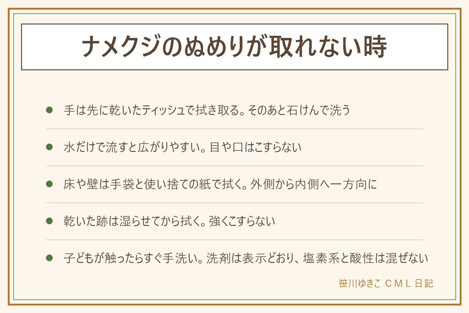 ナメクジのぬめりの落とし方の早見表:手についた時は、水だけで流すと広がりやすいので、先に乾いたティッシュで拭き取り、そのあと石けんで洗う、洗う前に目や口をこすらない。床や壁の跡は、手袋をして使い捨ての紙で外側から内側へ拭き、家庭用の洗剤は表示どおり、塩素系と酸性は混ぜない、掃除のあとは手を洗う。乾いた跡は湿らせた紙でなじませてからそっと拭く。服や布は洗濯表示を見てから洗い、洗えない物は専門店に相談。子どもが触ったらすぐ手を洗い、口に入れていないか確かめ、心配な時は医療機関に相談する。生き物は殺さず外へ戻す