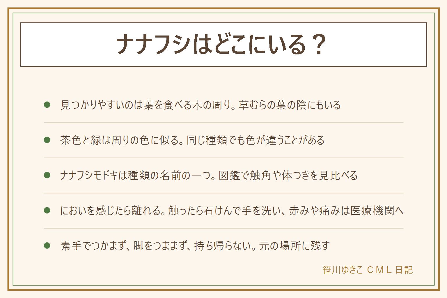 ナナフシはどこにいる?の早見表:見つかりやすいのは葉を食べる木の周りと草むらの葉の陰で、昼はじっとして夕方から夜に動く。茶色と緑があり、同じ種類でも色が違うことがある。ナナフシモドキは種類の名前の一つで、触角や体つきを図鑑で見比べる。においを感じたら離れて、触ったら石けんで手を洗い、目や口をこすらない。素手でつかまず、脚をつままず、持ち帰らず元の場所に残す。公園の決まりを守り、子どもやペットを近づけない。赤みやかゆみ、痛みが出たら医療機関へ相談する