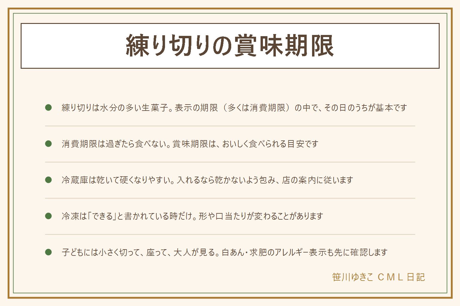 練り切りの賞味期限の早見表:練り切りは水分の多い生菓子で、表示の期限の中でその日のうちに食べるのが基本。消費期限は過ぎたら食べない、賞味期限はおいしく食べられる目安。カビ・異臭・ぬめり・色の変化・べたつきがあれば食べない。冷蔵庫は乾いて硬くなりやすいので、入れるなら乾かないよう包み、店の案内に従う。冷凍は冷凍できると書かれた物だけ。上生菓子は季節をかたどった生菓子の総称で、練り切りはその一つ。黒文字で一口ずつ切って食べる。手作りは日持ちしにくくその日のうちに。子どもには小さく切って座って食べさせ、大人が見る。白あん・求肥のアレルギー表示を確認