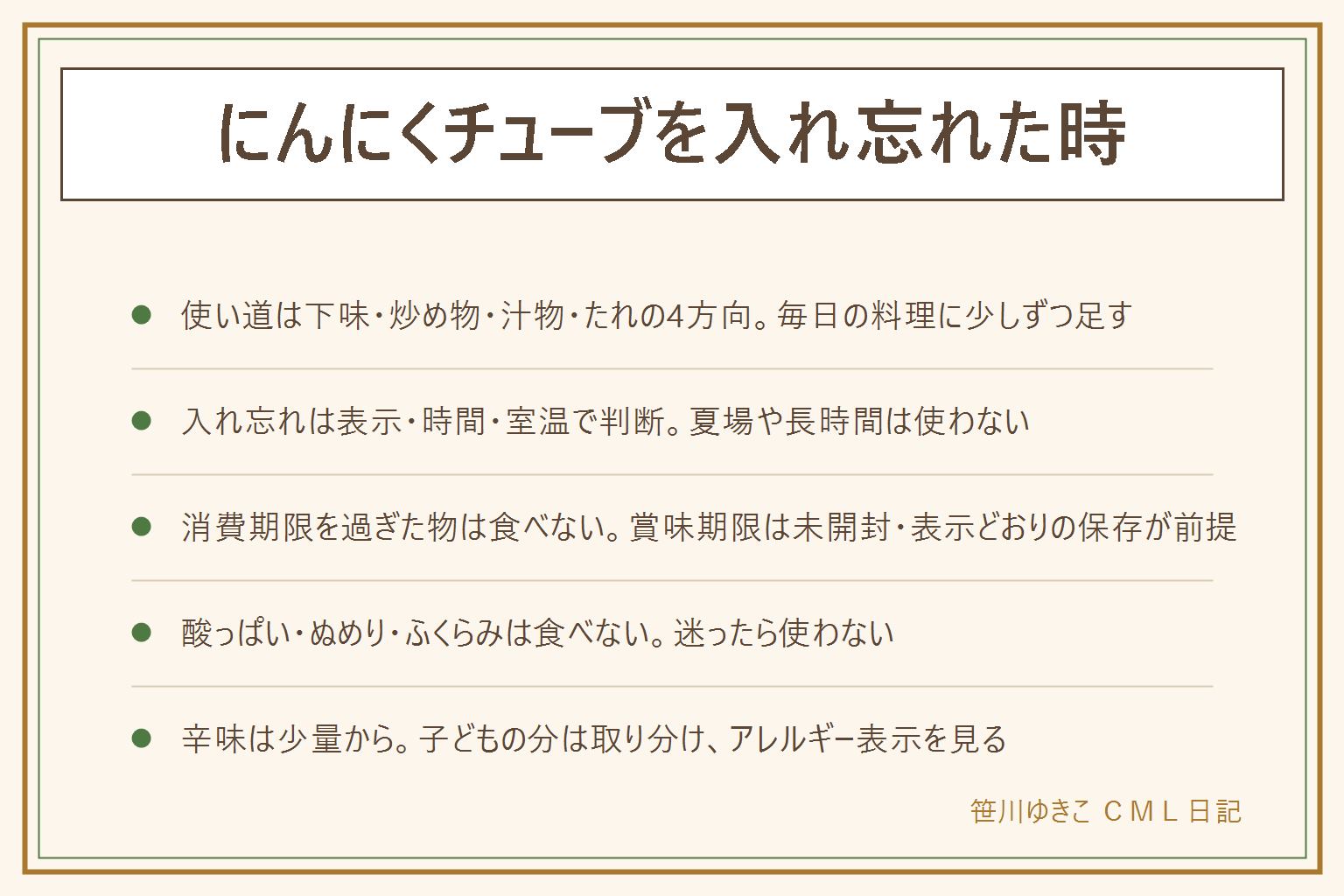にんにくチューブの使い道と入れ忘れの早見表:余った時の使い道は下味、炒め物、汁物、たれの4方向で、毎日の料理に少しずつ足す。冷蔵庫に入れ忘れた時は、要冷蔵の表示か、何時間置いたか、室温はどうかで判断が変わり、メーカーのよくある質問を見る。夏場や長時間は使わない。消費期限を過ぎた物は食べない。賞味期限を過ぎても食べられる場合があるのは未開封で表示どおりの保存が前提。においや味、色、カビ、ぬめり、膨張、液漏れ、分離して戻らないなどがあれば食べない。乳幼児や高齢者、妊娠中の人、体調の悪い人には出さない。酸っぱい、まずいは傷みのサインのことがあり、迷ったら使わない。辛味は少量から、子どもの分は取り分け、アレルギー表示を見る