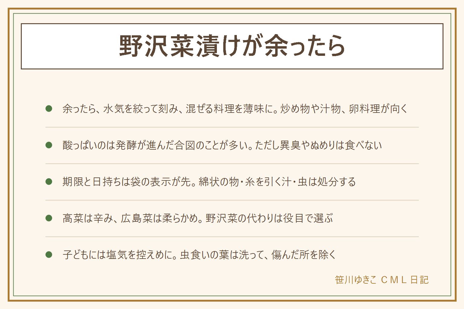 野沢菜漬けが余ったらの早見表:余ったら漬け汁の塩気を絞り、細かく刻んで、混ぜご飯・炒め物・卵料理・汁物・納豆にのせるなどで使い切る。混ぜる料理は薄味にする。酸っぱいのは発酵が進んだ合図のことが多いが、綿のような物、糸を引くぬめり、鼻にツンとくるにおいや腐ったようなにおい、虫があれば食べない。期限や日持ちは袋の表示が先。苦い時や塩辛い時は水にさらして絞る。小さな子どもには塩気を控えめにする。高菜はぴりっとした辛み、広島菜は葉が大きく柔らかめと言われ、小松菜や大根の葉は漬物ではない青菜。代わりは高菜漬け、広島菜漬け、ザーサイ、福神漬けなど役目で選ぶ。虫食いの葉は洗って傷んだ所を除く。刻む時は手を切らないよう刃物に注意