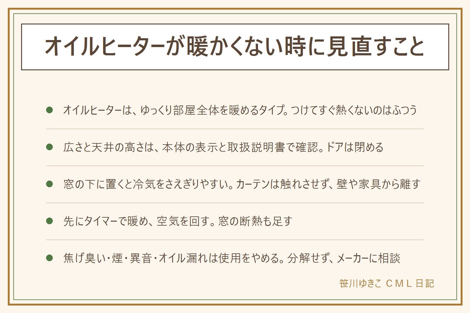 オイルヒーターが暖かくない時の早見表:オイルヒーターは部屋全体をゆっくり暖めるタイプなのでつけてすぐは熱く感じない。見直す順番は使い始めの時間、部屋の広さと天井の高さ、窓からの冷気、置き場所、設定、ドアの開け閉め。窓の下に置くと冷気をさえぎりやすいがカーテンは触れさせず壁や家具から離す。暖め方は先にタイマーで暖める、ドアを閉める、サーキュレーターで空気を回す。洗濯物を掛けない、延長コードやたこ足にしない、寝る時と外出時は切る。焦げ臭い、煙、異音、オイル漏れは使用をやめて分解せずメーカーへ相談。広さなどの数字は取扱説明書の表示を見る