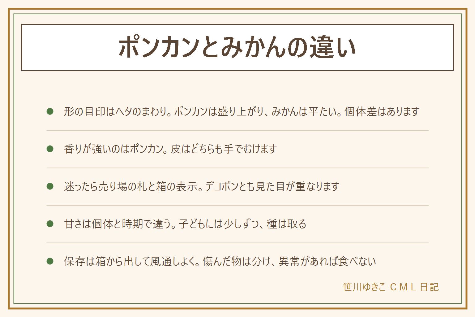ポンカンとみかんの違いの早見表:ポンカンはみかんより少し大きく、ヘタのまわりがぽこっと盛り上がったものが多く、香りが強く、皮は手でむける。みかんは平たい丸い形で、皮が薄くむきやすい。どちらも冬に出回る。形には個体差があり、甘さや酸っぱさは個体や時期で違うので決めつけない。迷ったら売り場の札と箱の表示を見る。ヘタが出っぱったデコポンとも見た目が重なる。子どもには少しずつ、種は取り除く。保存は箱から出して広げ、風通しのよい涼しい所へ。傷んだ物は分け、カビやいやなにおいがあれば食べない