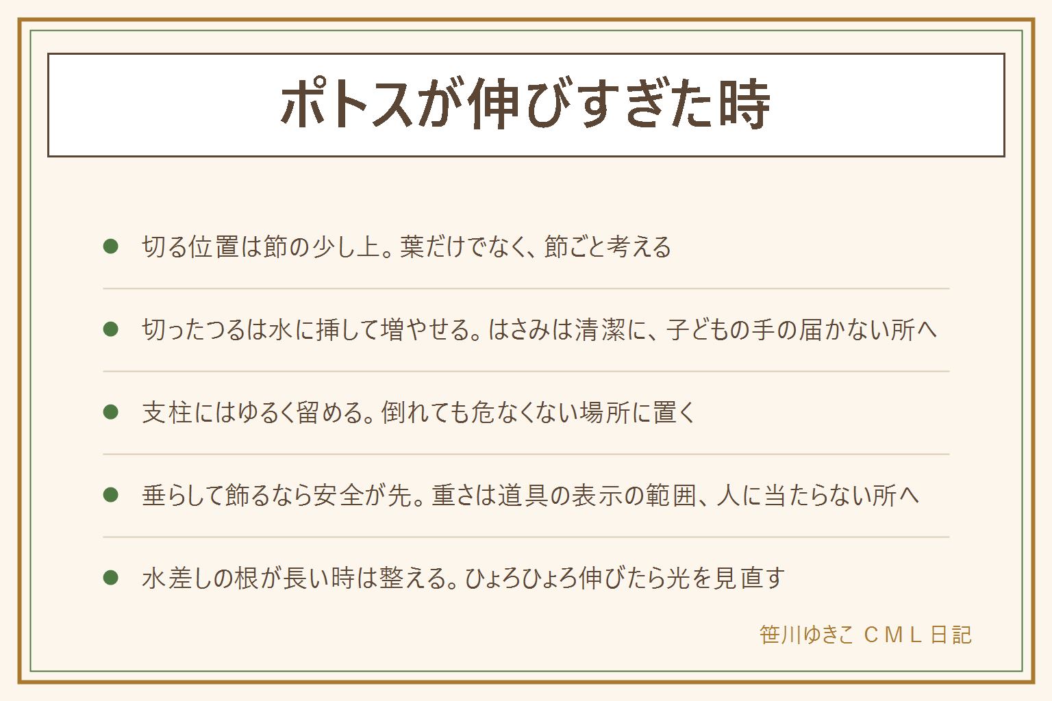 ポトスが伸びすぎた時の早見表:切る位置は節の少し上。節は葉のつけ根で、新芽や根が出る所。切ったつるは節を水に入れて増やせる。はさみは清潔にし、台の下にマットを敷き、子どもは大人が見る。切ったつるや葉は子どもの口に入らない所へ。上に伸ばすなら支柱にゆるく留め、鉢が倒れても人に当たらない場所に置く。垂らして飾る時は、吊るす道具の表示の範囲の重さで、落ちても人に当たらない所へ。賃貸は管理会社に確認。水差しの根が伸びすぎたら容器を見直し、傷んだ根を取り除く。ひょろひょろ伸びる時は光を足す