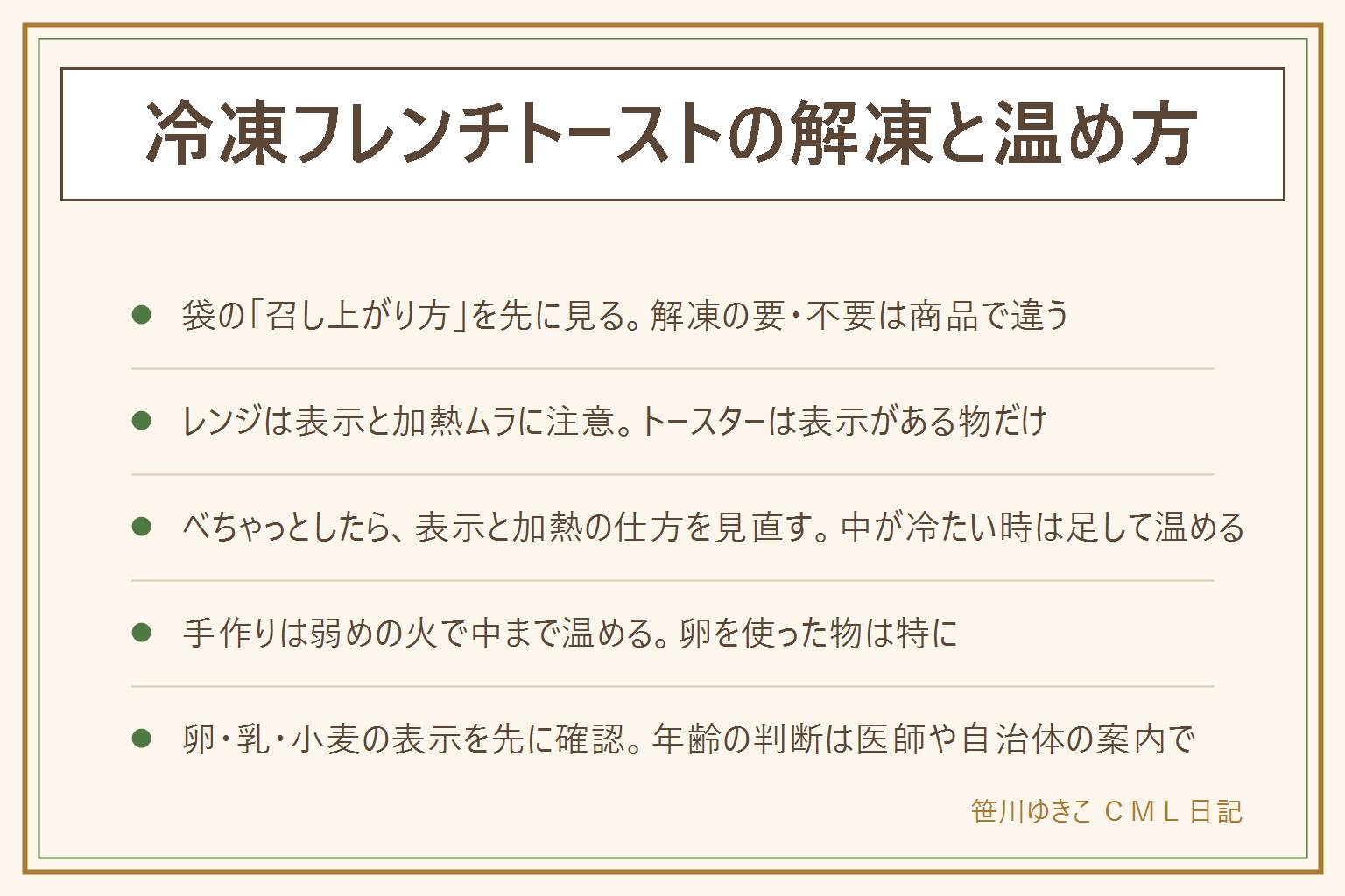 冷凍フレンチトーストの早見表:まず袋の召し上がり方を見る、凍ったままか解凍してからかは商品で違う、表示がなければメーカーの案内を確認。レンジは表示の耐熱容器とラップを守り、加熱ムラは途中で向きを変える、取り出す時のやけどに注意。トースターは袋に案内がある商品だけ、ホイルやシートをヒーターに触れさせない、砂糖の面は焦げやすい。フライパンは弱めの火でふたをして中まで温める。べちゃっとする時は表示と加熱の仕方を見直す、中が冷たい時は足して温める、最後は中が温かいかを割って確かめる。手作りを冷凍した物は卵を使っているので中まで加熱、解凍した物は再冷凍しない。卵・乳・小麦のアレルギー表示を先に確認、年齢の判断は医師や自治体の案内で。袋がふくらむ・霜が大量・再凍結の跡・液漏れ・異臭は食べない