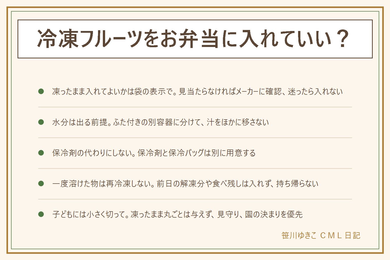 冷凍フルーツをお弁当に入れる時の早見表:凍ったまま入れてよいかは袋の表示(そのまま食べられる・自然解凍・加熱用)で決め、見当たらなければメーカーに確認して迷ったら入れない。水分は出る前提でふた付きの別容器に分け、汁をご飯やおかずに移さない。保冷剤の代わりにはせず、保冷剤と保冷バッグを別に用意する。期限は賞味期限と消費期限の違い、未開封で表示どおりが前提、におい・色・袋のふくらみ・液漏れ・カビ・ぬめりがあれば食べない、乳幼児や高齢者や妊娠中の人には出さない。一度溶けた物は再冷凍しない。果肉のやわらかい果物は汁が出やすい傾向。小さな子どもには凍ったまま丸ごと与えず、半解凍にして小さく切り、座って見守る。園のお弁当は園の決まりを先に確認する
