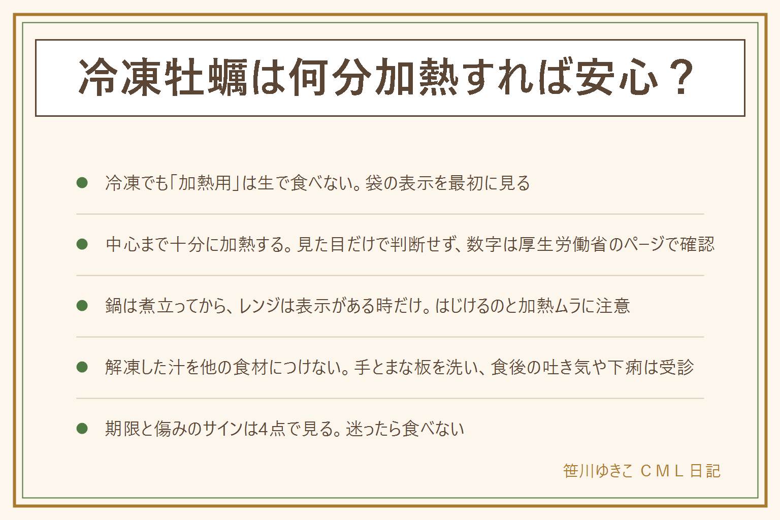 冷凍牡蠣の加熱の早見表:袋の生食用と加熱用の表示と調理方法を最初に見る。加熱用は生で食べず、中心までしっかり火を通す。何分かは粒の大きさと料理で変わり、厚生労働省がノロウイルスの予防として中心部の温度と時間の目安を案内しているので数字は厚生労働省のページで確認する。ふっくらした、縮んだなど見た目だけで判断せず、割って中心を見るか料理用の温度計で中心を測る。鍋は煮立ってから入れ、茹でる時は沸いた湯に、電子レンジは袋に表示がある時だけでレンジはじけるのと加熱ムラとやけどに注意。解凍した汁を他の食材や生野菜につけず、手とまな板を洗う。体調が悪い人や小さな子ども、高齢者、妊娠中は生食を避ける。食後に吐き気や下痢があれば受診する。期限は消費期限を過ぎたら食べず、におい、色、ふくらみ、液漏れ、ぬめりがあれば食べない、迷ったら食べない