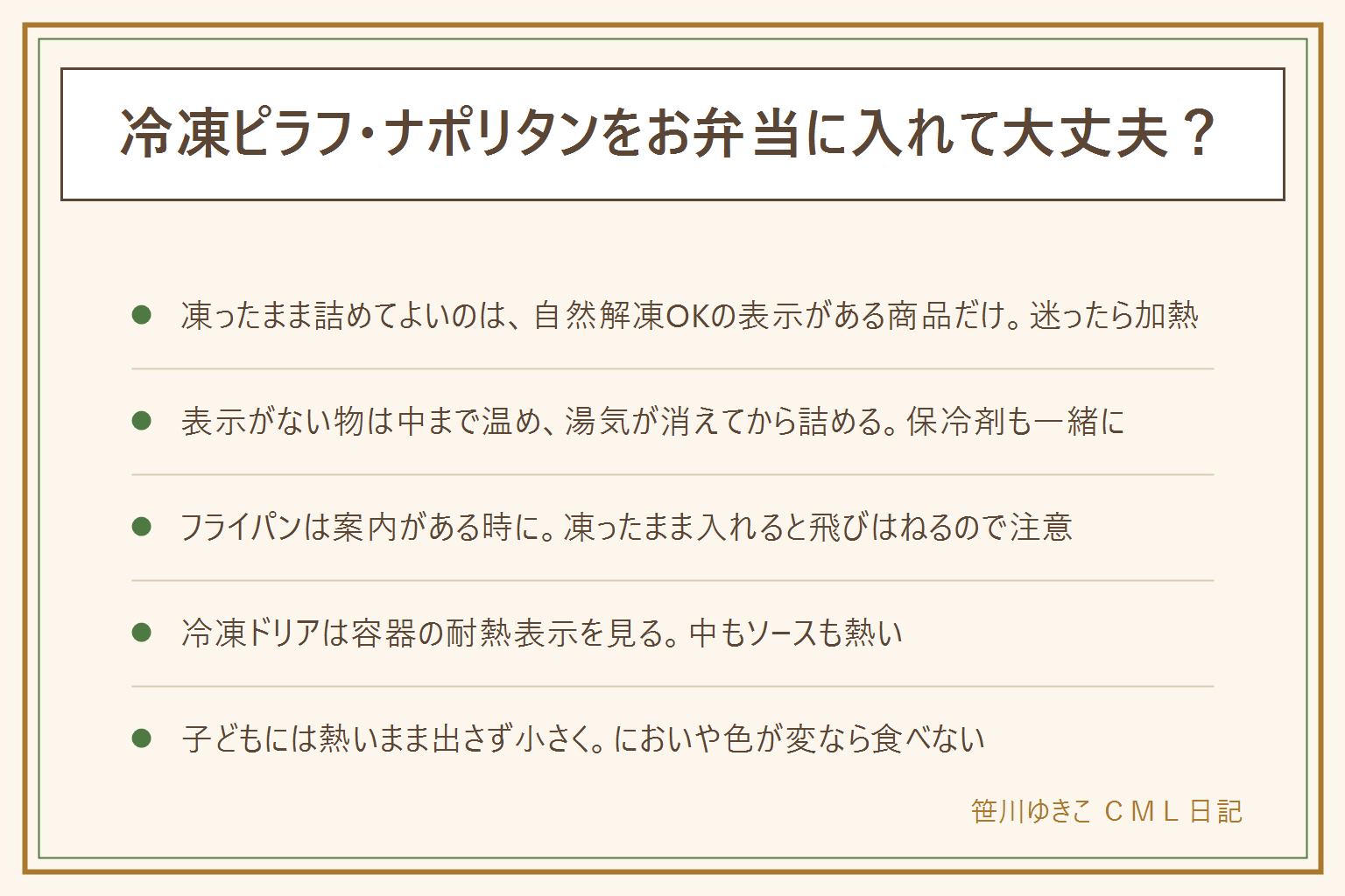 冷凍ピラフ・ナポリタンのお弁当の早見表:凍ったまま詰めてよいのは袋に自然解凍の表示がある商品だけ、表示がない物は中まで温めて湯気が消えるまで冷ましてから詰め保冷剤と一緒に運ぶ。電子レンジは耐熱容器と対応ラップ、袋のままは表示がある時だけ、加熱しすぎと取り出す時のやけどに注意。フライパンは案内がある時に凍ったまま、焦げと飛びはねに注意。冷凍ドリアは容器の耐熱表示とトースター可を確認しソースの飛び散りに注意。子どもには熱いまま出さず小さくして、アレルギー表示を見る。消費期限を過ぎた物やにおい・ぬめり・糸を引く物は食べない