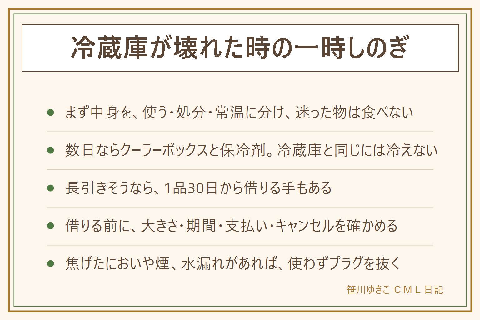 冷蔵庫が壊れた時の一時しのぎ。つなぎ方は届くまでの長さで選ぶ。まず中身を、すぐ使う物、処分する物、常温でよい物に分け、迷った物は食べない。冷えなかった物を凍らせ直さない。数日ならクーラーボックスと保冷剤で置き場を作る。直射日光と暖房を避け、冷蔵庫と同じには冷えない前提で、その日の分だけ買う。長引きそうなら家電レンタルで1品30日から借りる手もある。借りる前に大きさ、期間、支払い、キャンセルを確かめる。焦げたにおい、煙、水漏れがあれば使わずプラグを抜く。