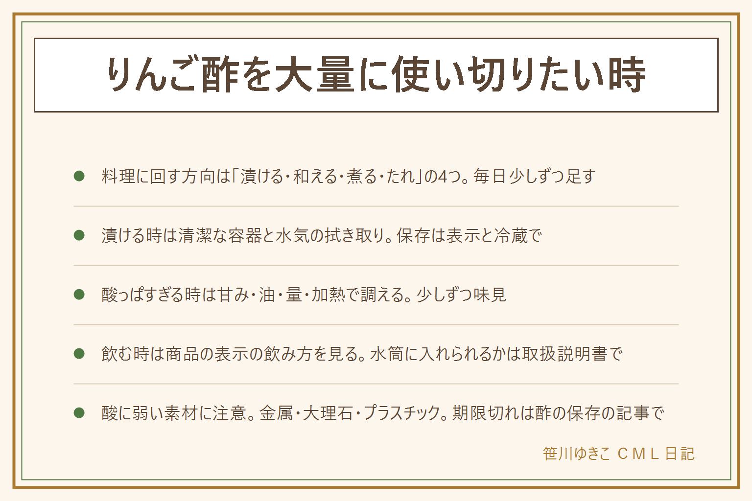 りんご酢の大量消費の早見表:りんご酢はフルーティーな香りとやさしい酸味で、料理に回す方向は4つ。漬けるはピクルスや甘酢漬けで清潔な容器と野菜の水気を拭く。和えるは酢の物やマリネやコールスローで食べる直前に。煮るは鶏肉のさっぱり煮や炒め物の仕上げで加熱すると酸味の角が取れる。たれにするはドレッシングや南蛮だれで少しずつ味見。酸っぱすぎる時は甘み・油・量・加熱で和らげる。飲む時は商品の表示の飲み方を見る。水筒に入れられるかは取扱説明書で確認。金属の容器や鍋、大理石の天板、プラスチック容器など酸に弱い素材に注意。期限切れや傷みは酢の保存の記事で確認