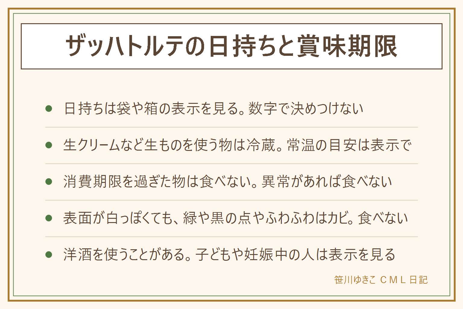 ザッハトルテの日持ちと賞味期限の早見表:日持ちは袋や箱、店の表示を見る、消費期限を過ぎた物は食べない、賞味期限を過ぎた物は異常がないか確かめ迷ったら食べない。生クリームなど生ものを使う物は冷蔵、常温の目安は表示で、冷凍してよいかも表示で確かめる。表面が白っぽいのは温度差のことがあるが、緑や黒の点やふわふわはカビなので食べない。固いチョコの表面は温めたナイフで小さく切る、刃物とお湯のやけどに注意。ガトーショコラは表面が粉砂糖やひび割れで濃厚な物が多い。洋酒を使うことがあるので子どもや妊娠中の人や運転する人は原材料表示を見る、卵と乳と小麦とナッツのアレルギー表示を先に見る