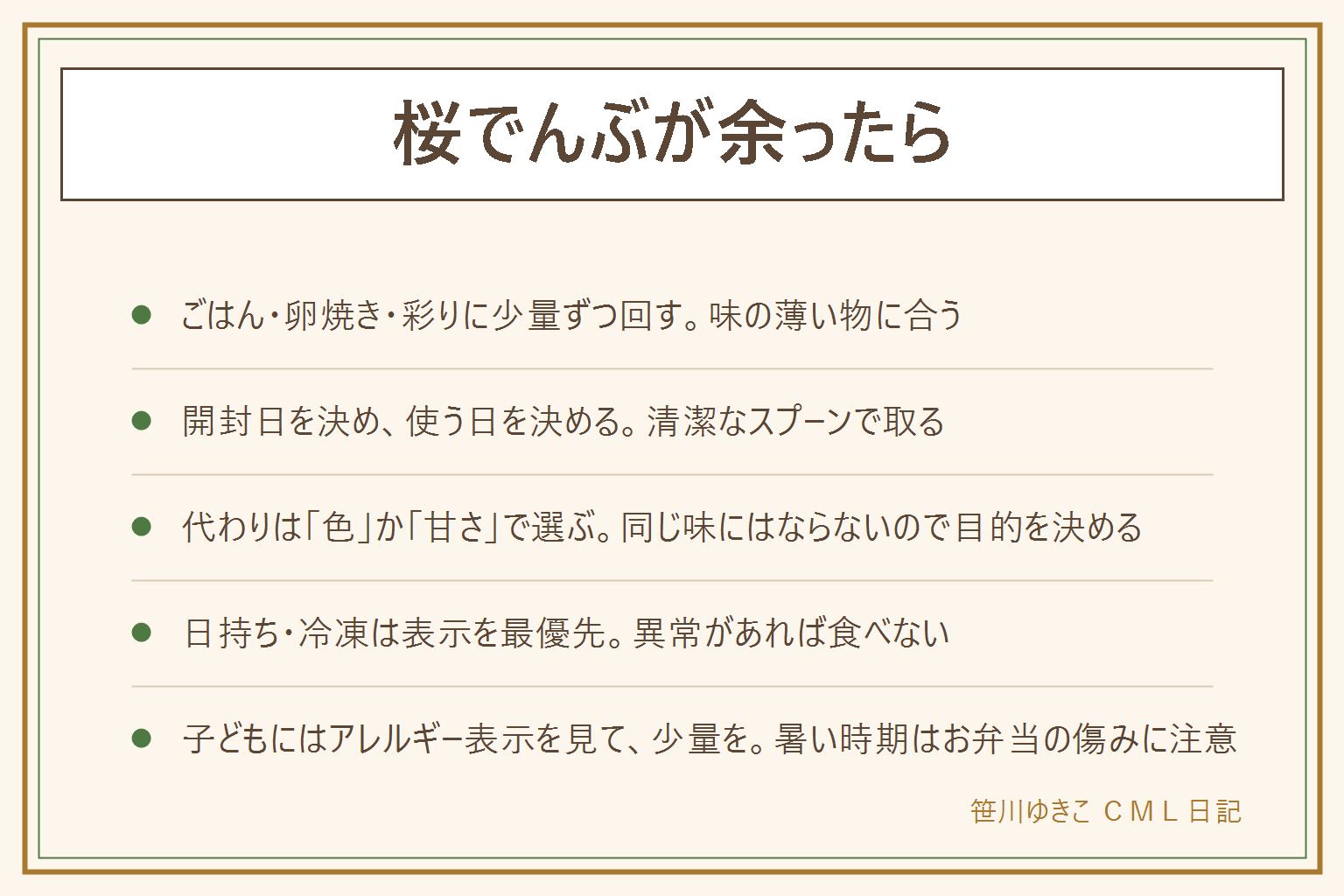 桜でんぶが余った時の早見表:使い道は、おにぎり、卵焼き、混ぜごはん、のり巻き、お弁当のごはんの彩り、和え物。味の薄い物に合い、少量ずつ回すと使い切りやすい。開封日を決め、清潔なスプーンで取り、使う分だけ出して冷蔵庫へ戻す。代わりは色がほしければ紅白かまぼこやにんじん、甘さがほしければ甘い卵そぼろ。手作りは魚をほぐして炒り砂糖などで味をつける。日持ちと冷凍は商品の表示を最優先にし、酸っぱいにおい、色の変化、カビ、ぬめりがあれば食べない。子どもにはアレルギー表示を見て少量を使い、暑い時期はお弁当の傷みに注意する