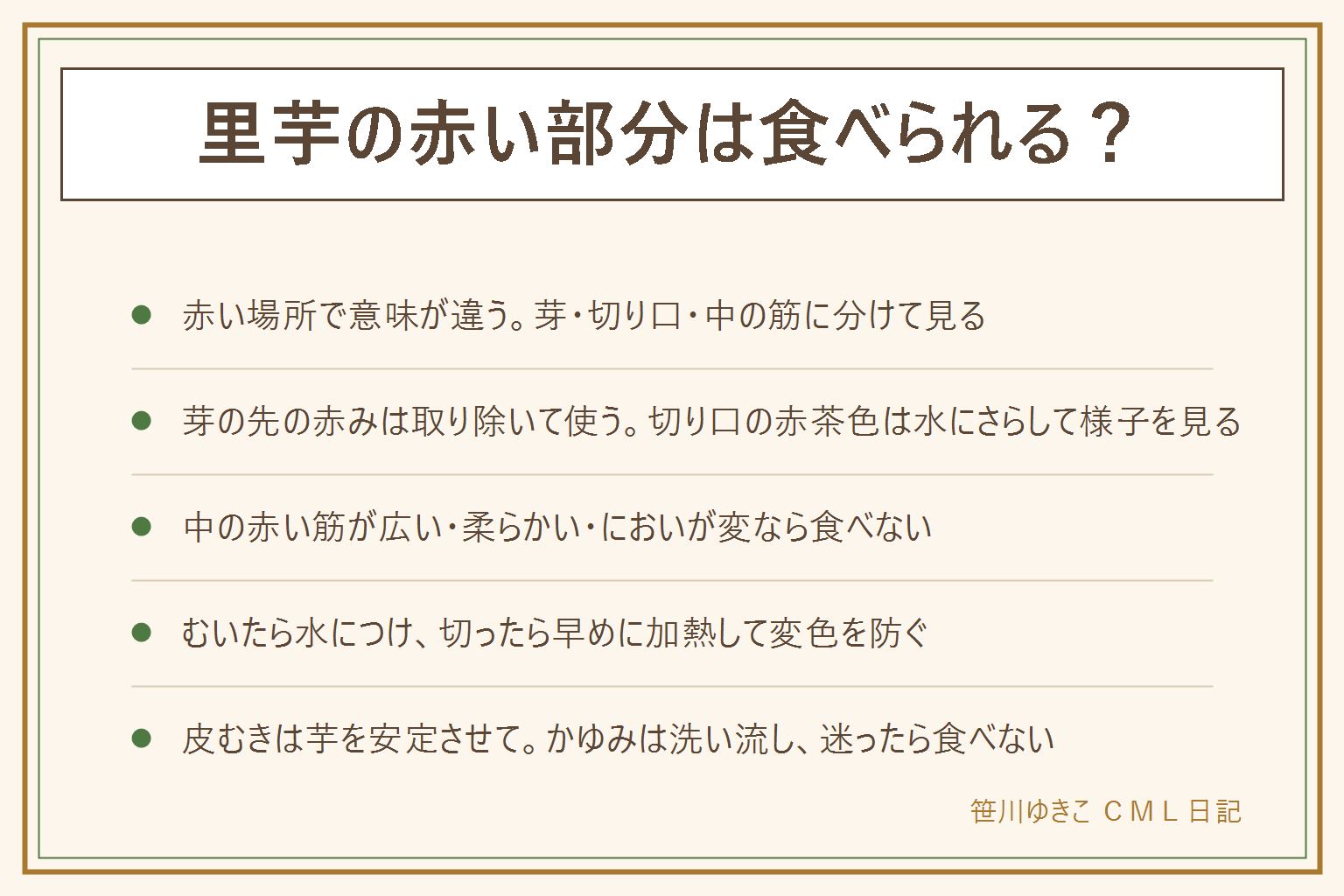 里芋の赤い部分の早見表:芽の先の赤みはふつうで、芽を取り除いて使える。切り口が時間とともに赤茶色になるのは成分が空気にふれた変化で、水にさらして様子を見る。中に赤い点や筋が少しある時は取り除く考え方もあるが迷ったら食べない。赤茶色が広い、柔らかい、においが変、ぬめりが強い時は食べない。変色を防ぐには、むいたらすぐ水につけ、水気を切って早めに加熱する。皮むきはぬめりで滑るので芋を安定させ、かゆみが出たら洗い流し、ひどい時は受診する