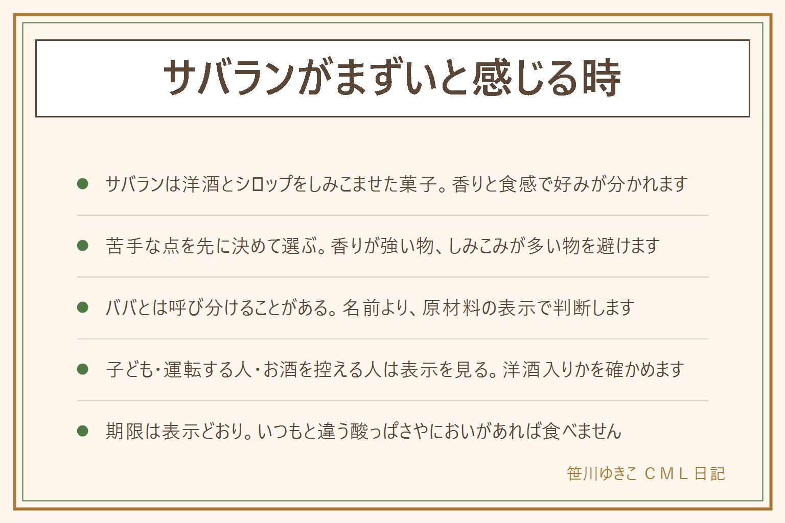 サバランがまずいと感じる時の早見表:サバランは焼いた生地にシロップと洋酒をしみこませた洋菓子で、お酒の香りと食感で好みが分かれる。苦手な点を先に決め、香りが強い物やしみこみが多い物を避けて選ぶ。ババとは形や干しぶどうで呼び分けることがあるが、迷ったら原材料の表示を見る。子ども、お酒を控えている人、運転する人は洋酒入りかを表示で確かめる。期限は表示どおり、カビ、いやなにおい、糸を引く、いつもと違う酸っぱさがあれば食べない。小麦、卵、乳のアレルギーは表示を見る