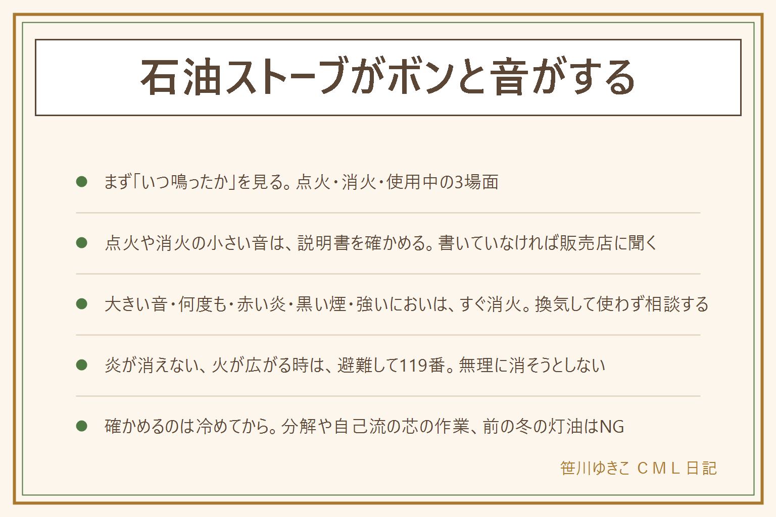 石油ストーブがボンと音がする時の早見表:まず点火の時、消火の時、使っている途中のどの場面かを見る。点火や消火の時の小さい音は取扱説明書を確かめる。大きい音、何度も鳴る、炎が大きく揺れる、赤い炎、黒い煙、すす、強いにおいがある時はすぐ消火して換気し、使うのをやめてメーカーや販売店に相談する。炎が消えない、火が広がる時は避難して百十九番に連絡する。確かめるのは消火して冷めてから、前の冬の灯油を使わない、給油は消火して冷めてから、分解や自己流の芯の作業はしない、燃えやすい物を近づけない、換気を忘れない