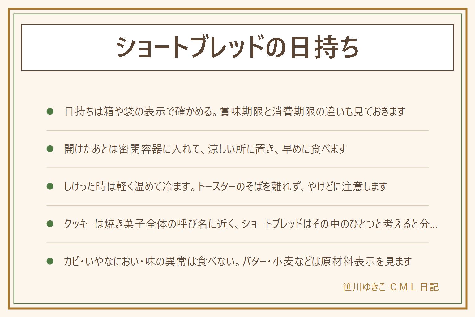 ショートブレッドの日持ちの早見表:日持ちは箱や袋の表示で確かめる。賞味期限はおいしく食べられる期限の目安、消費期限は過ぎたら食べないほうがよい目安。開けたあとは湿気とにおい移りを防ぐため、密閉容器に乾燥剤と一緒に入れて涼しい所に置き、早めに食べる。乾燥剤は食べ物ではなく、子どもの手の届かない所へ。しけった時はトースターで軽く温めて冷ます。温める間はそばを離れず、焦げとやけどに注意し、時間は機器の表示に合わせる。クッキーは焼き菓子全体の呼び名に近く、ショートブレッドはその中のひとつ。カビやいやなにおい、味がおかしい時は食べない。バター、小麦などのアレルギーは原材料表示で確かめる。