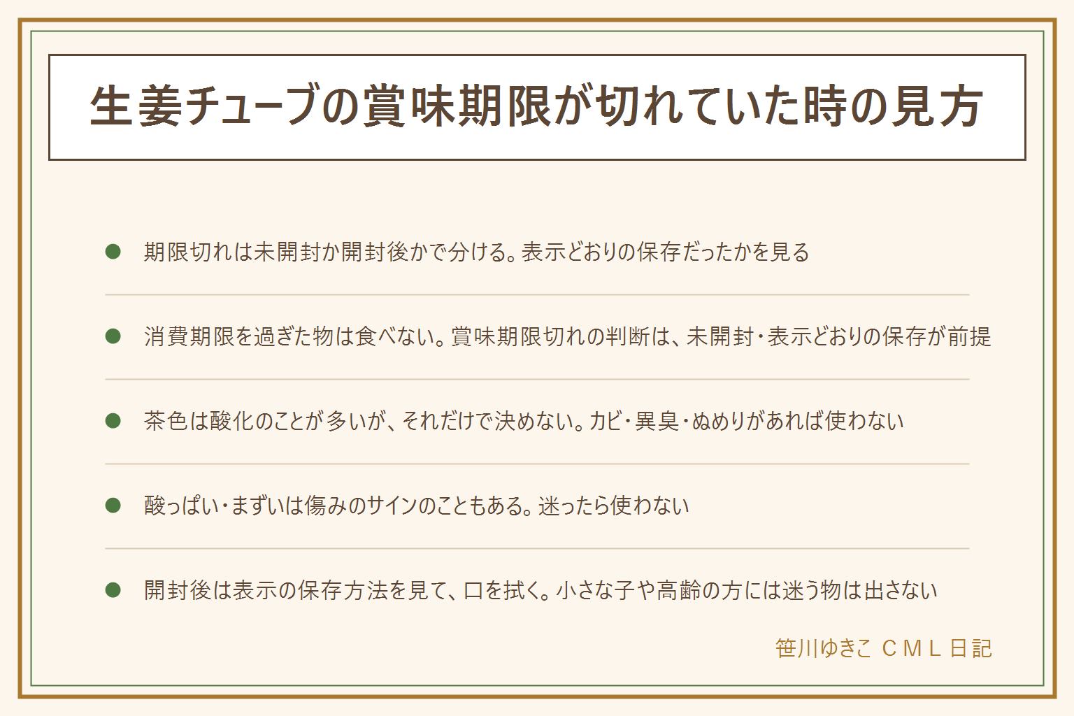 生姜チューブの期限切れ・茶色の早見表:期限切れは未開封か開封後か、表示どおりに保存したかで分けて見る。見る順番は表示、色とにおい、迷ったら捨てる。賞味期限と消費期限は違い、消費期限を過ぎた物は食べない。賞味期限を過ぎても食べられる場合があるのは未開封で表示どおり保存した物の話。茶色は空気に触れた所の酸化のことが多いが、カビ・異臭・ぬめり・容器のふくらみ・液漏れ・分離して戻らない物は使わない。変色だけで安全とは言い切れない。酸っぱい・まずいは傷みのサインのこともあり、迷ったら使わない。開封後は表示の保存方法を見て、常温に置いた時間は取り戻せないと考え、使ったら口を拭いてキャップを閉める。小さな子・高齢者・妊娠中・体調の悪い人には迷う物は出さない
