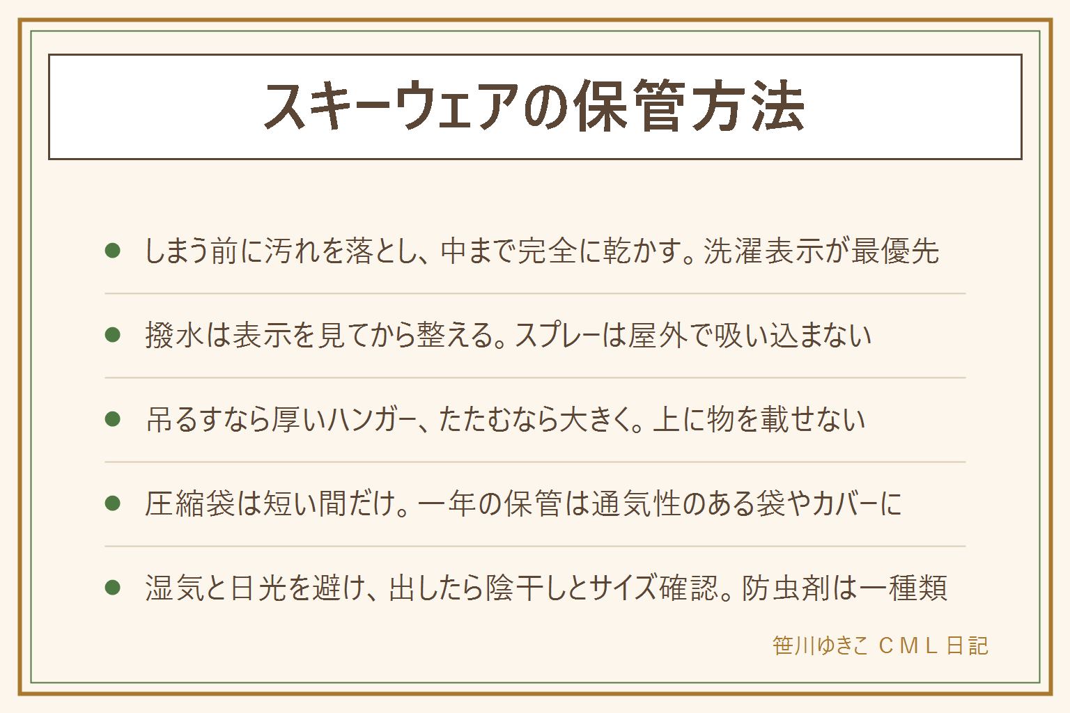 スキーウェアの保管方法の早見表:しまう前に洗濯表示を見て汚れを落とし、家で洗えない物はクリーニング店へ。中わたや裏地まで日陰で完全に乾かし、撥水は表示を見てから整え、撥水スプレーは屋外で吸い込まないように使う。ポケットを空にしてファスナーを閉める。場所があれば厚みのあるハンガーに吊るして通気性のあるカバー、場所がなければ大きくたたんで上に物を載せない。圧縮袋は中わたがつぶれるので短い間だけ。置き場所は湿気が少なく日の当たらない所、防虫剤は一種類、手袋や帽子もまとめる。次のシーズンに出したら陰干しし、においやしみ、水をはじくか、子どものサイズが合うかを確かめる
