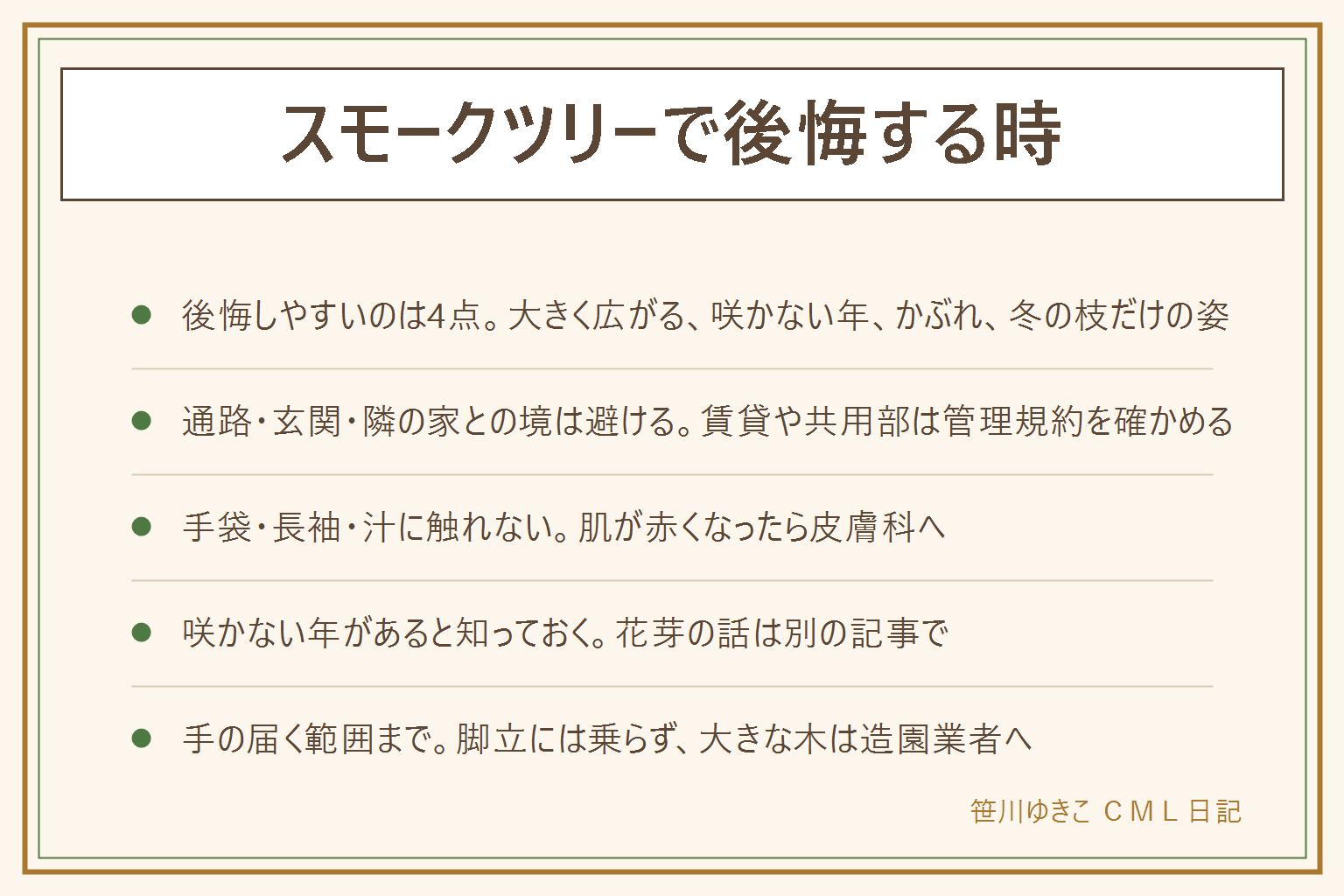スモークツリーで後悔する時の早見表:後悔しやすいのは、思ったより大きく横に広がる、咲かない年がある、ウルシの仲間と言われてかぶれる人もいる、冬は葉が落ちて枝だけになる、の4つ。植える場所は通路ぎわ、玄関や窓の近く、隣の家との境を避け、賃貸や共用部は管理規約を確かめる。枝を切る時は手袋と長袖で切り口の汁に触れず、肌が赤くなったら皮膚科へ。手の届く範囲まで、脚立には乗らず、大きな木は造園業者へ。観賞用の木は口に入れず、猫や犬がかじらないよう注意する