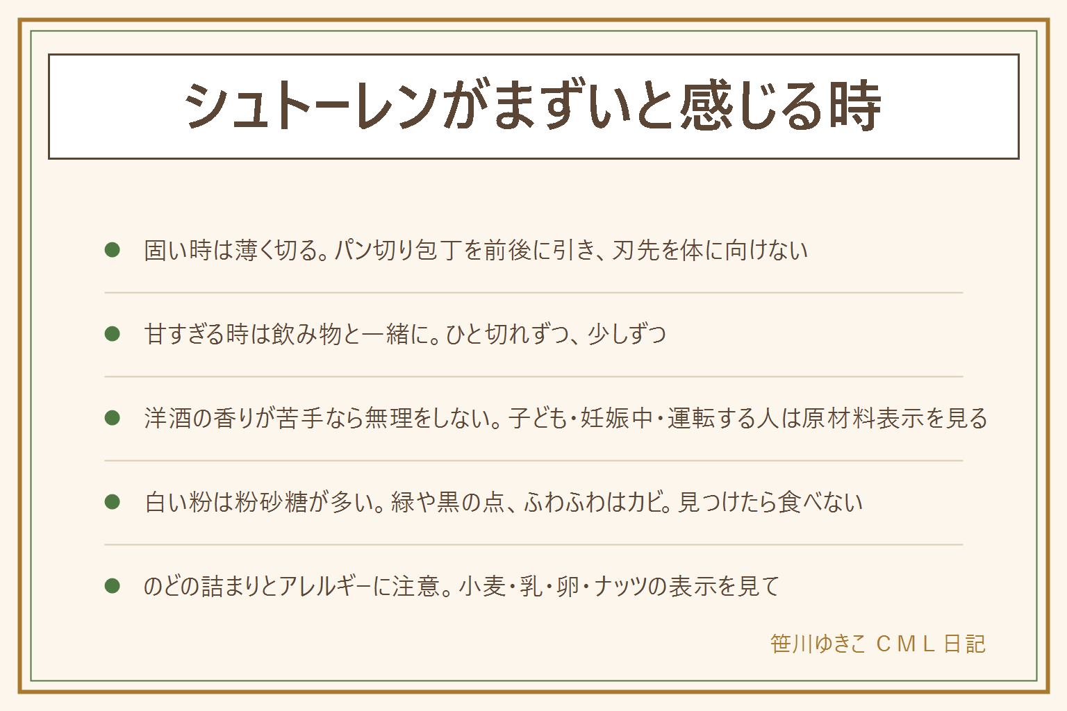 シュトーレンがまずいと感じる時の早見表:固い時はパン切り包丁を前後に引いて薄く切り、刃先を体に向けず子どもの手の届かない所にしまう。甘すぎる時は薄く切って飲み物と一緒に少しずつ食べる。洋酒の香りが苦手なら無理をせず、子ども・妊娠中や授乳中の人・運転する人・お酒に弱い人は原材料表示を見るか店に聞く。パサパサする時は切り口を包んで保存する。表面の白いものの多くは粉砂糖、緑や黒の点やふわふわしたものはカビなので食べない。異常があれば食べず、消費期限を過ぎたものも食べない。パネトーネはイタリアのふんわりしたお菓子、パウンドケーキはバターを使う焼き菓子で、シュトーレンとは違う。アレルギーは小麦・乳・卵・ナッツ。小さく切ってよくかみ、座って飲み物と一緒に、小さな子どもと高齢の人は大人が見守る