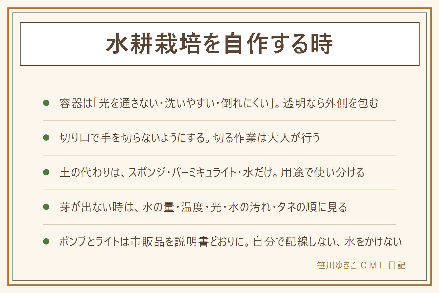 水耕栽培を自作する時の早見表:容器は光を通さない形にして洗いやすい物を選ぶ。透明な容器は外側をアルミホイルや黒い紙で包む。ペットボトルの切り口で手を切らない。台所用の中性洗剤でしっかりすすぐ。土の代わりはスポンジ・バーミキュライト・水だけ。芽が出ない時は水の量・温度・光・水の汚れ・タネを順に見る。ポンプとライトは市販品を説明書どおりに使い、自分で配線せず、水をかけず、濡れた手で触らない。向くのは葉物やハーブ。液体肥料は水耕栽培用を表示どおりに。小石やビー玉は子どもの口に入らない所へ