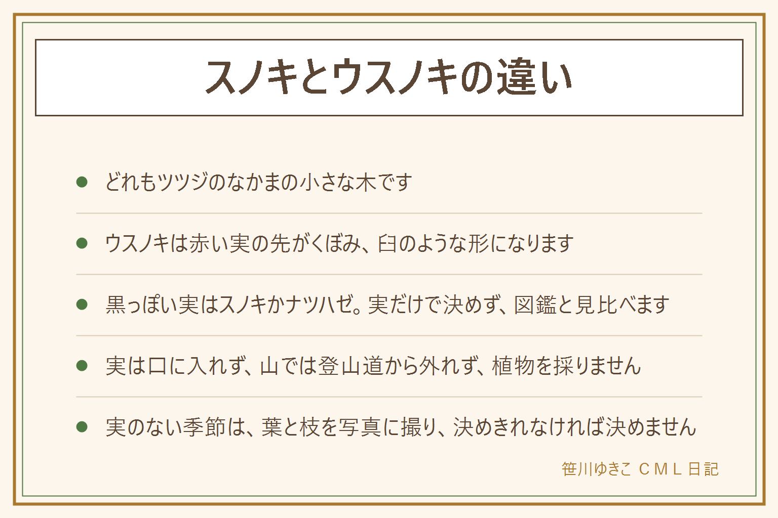 スノキとウスノキの違いの早見表:どれもツツジのなかまの小さな木。ウスノキは赤い実の先がくぼんで臼のような形になるのが目印。スノキの実は黒っぽい。ナツハゼは黒い実で、葉が夏から赤みを帯びることがある。実のない季節は葉と枝を写真に撮って図鑑と見比べる。実は口に入れない。山では登山道から外れず、花や実を摘まず、草木を持ち帰らない。迷ったら決めない