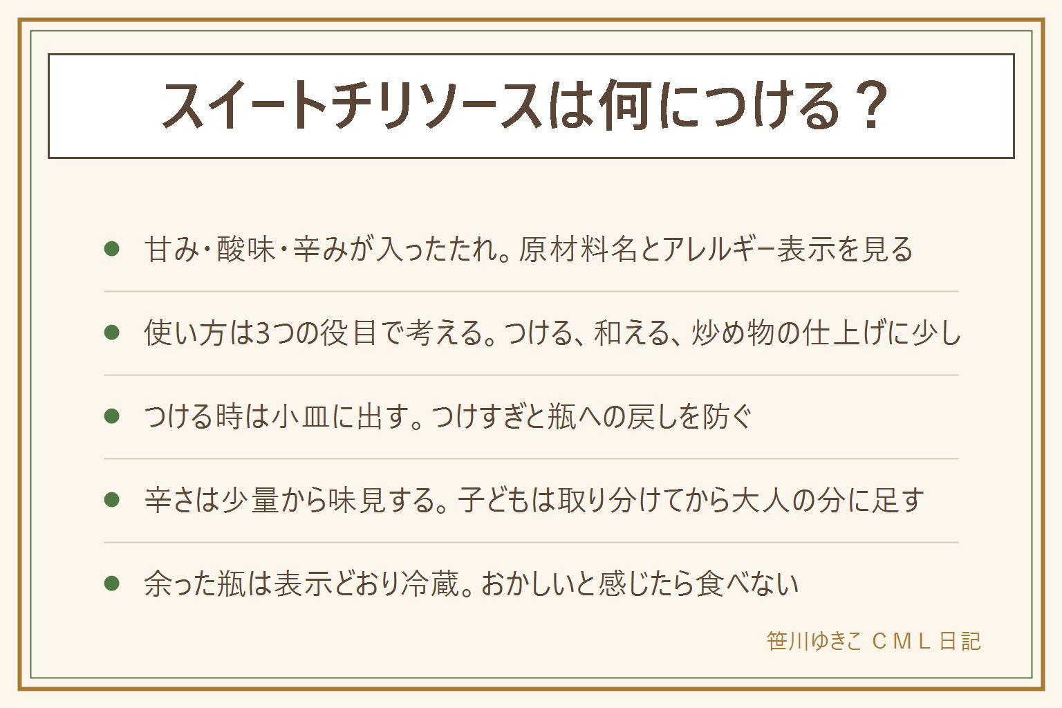 スイートチリソースは何につけるかの早見表:甘み・酸味・辛みが一度に入ったたれ。使い方は3つの役目で考える。つける(揚げ物・焼き物、小皿に出して少しずつ)、和える(生春巻き・葉物野菜・ゆでた鶏肉・春雨、少なめから味を見て足す)、炒める(仕上げに少量、焦げやすいので火を弱めてから、はねとやけどに注意)。辛さは少量から味見、胃腸が弱い人や子どもには控えめに、取り分けてから大人の分に足す、辛すぎた時は甘み・油分・乳製品で和らげる。余った瓶は表示どおり冷蔵、清潔なスプーンで、開封日を書く、おかしければ食べない