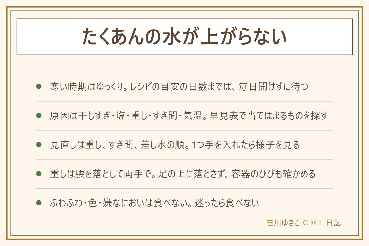 たくあんの水が上がらない時の早見表:寒い時期はゆっくりなので、レシピの目安の日数までは毎日開けずに待つ。原因は干しすぎ、塩やぬかが少ないかかたよる、重しが軽い、容器が大きくすき間が多い、気温が低いの5つ。見直す順番は重しを増やす、大根の向きを互い違いにしてすき間をなくし上下を入れ替える、塩水を少し足す差し水の順で、1つ手を入れたら様子を見る。重しは腰を落として両手で持ち、足の上に落とさず、容器のひびを確かめる。暖かい所に長く置かない。白いふわふわ、青や黒の色、嫌なにおいが出たら食べない。迷ったら食べない
