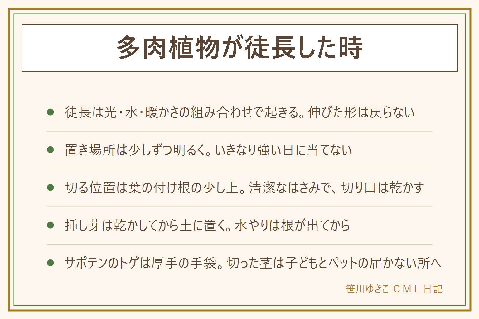 多肉植物が徒長した時の早見表:徒長の原因は光が足りない、水が多い、暖かすぎる、風が通らないの組み合わせで、伸びた形は元に戻らない。置き場所は窓辺のレース越しから始めて少しずつ明るい所へ慣らし、急に強い日に当てない。切り戻すなら清潔なはさみで葉の付け根の少し上を切り、切り口は乾かす。刃先は自分に向けない。切った先は乾かしてから土に置き、水やりは根が出てから。サボテンが細長くなった時も光を足して水は乾いてから、トゲは厚手の手袋で。肥料より先に置き場所と水を見直し、使うなら表示どおりに。切った茎や葉は子どもとペットの届かない所へ