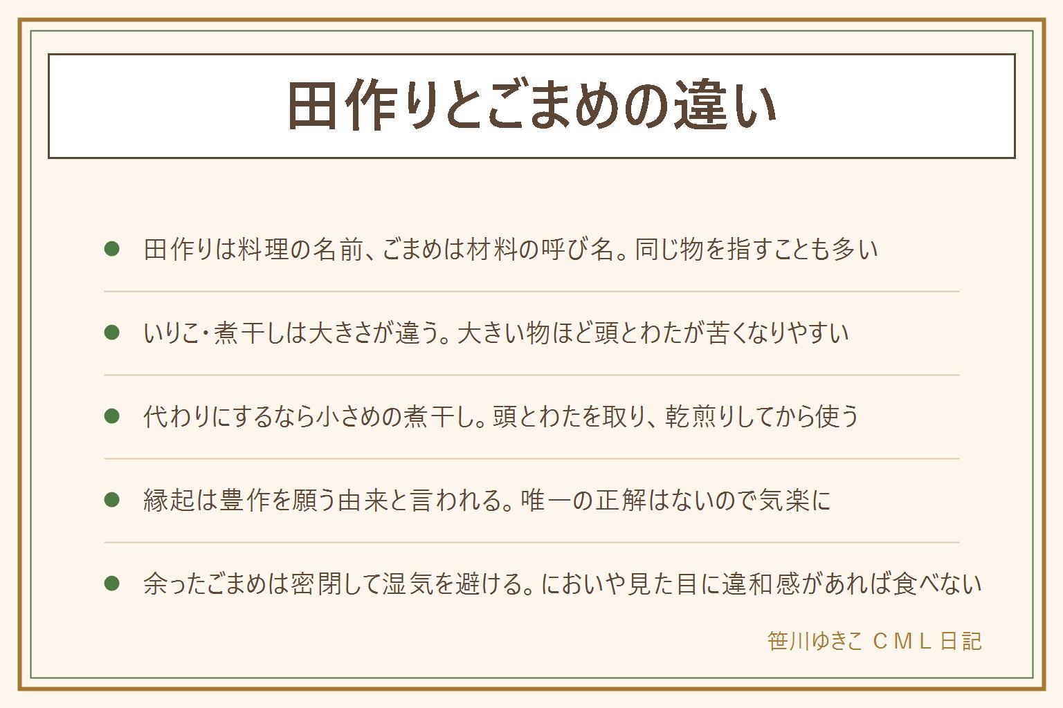 田作りとごまめの違いの早見表:田作りはおせち料理の名前、ごまめは材料になる小さな干した魚の呼び名で、同じ物を指すことも多い。いりこと煮干しは大きさが違い、大きい物ほど頭とわたに苦みが出やすい。田作り用が売っていない時は、小さめの煮干しを選び、頭とわたを取って乾煎りしてから使う。ちりめんやしらす干しは小さすぎて向かない。縁起は昔田の肥料に小魚を使ったことから豊作を願う意味があると一般に言われる。余ったごまめは湿気を避けて密閉して保存し、においや色の変化、湿気、カビのようなものがあれば食べない