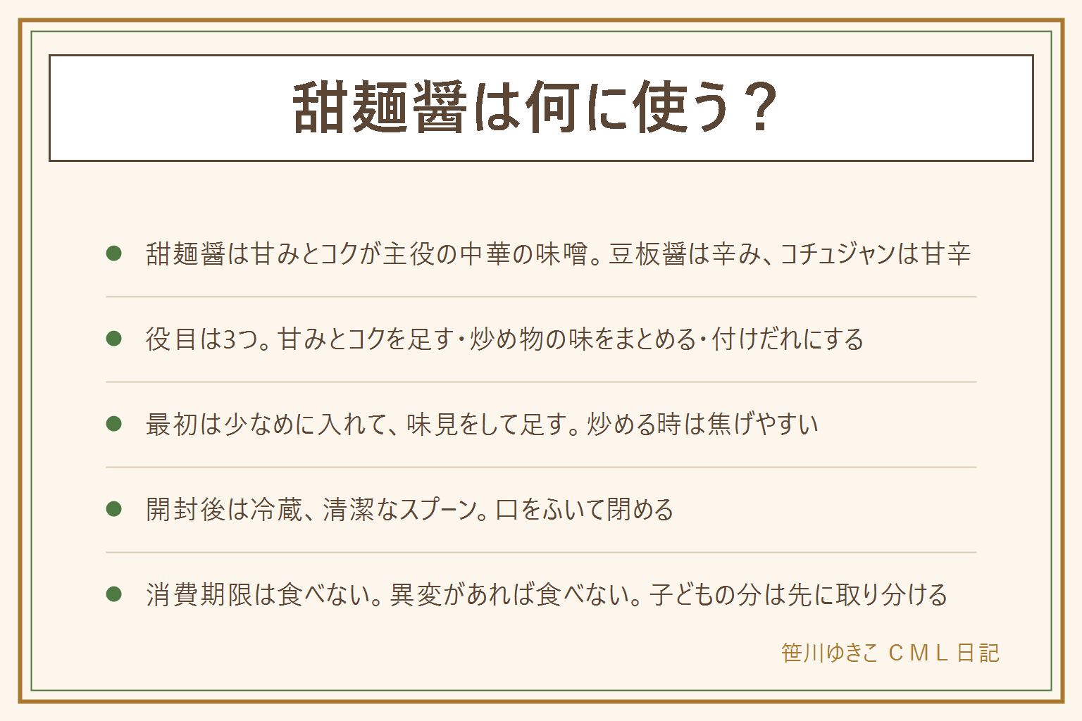 甜麺醤の使い道と期限切れの早見表:甜麺醤は小麦や大豆を発酵させた甘みとコクが主役の中華の味噌で、豆板醤は辛み、コチュジャンは甘辛。役目は3つで、甘みとコクを足す(麻婆豆腐・回鍋肉)、炒め物の味をまとめる(野菜炒め・肉と野菜の炒め物)、付けだれにする(蒸した鶏肉・野菜のスティック)。最初は少なめに入れて味見をして足し、炒める時は焦げやすい。開封後は冷蔵し、清潔なスプーンで取り、口をふいてしっかり閉め、開けた日を書いておく。期限切れは4点で考え、消費期限は食べない、賞味期限で未開封で表示どおりの保存の時だけ食べられる場合がある、カビ・色・においの変化・分離・膨らみがあれば食べない、乳幼児や体調の悪い人には出さない。辛い料理は子どもの分を先に取り分け、小麦と大豆のアレルギー表示を見る