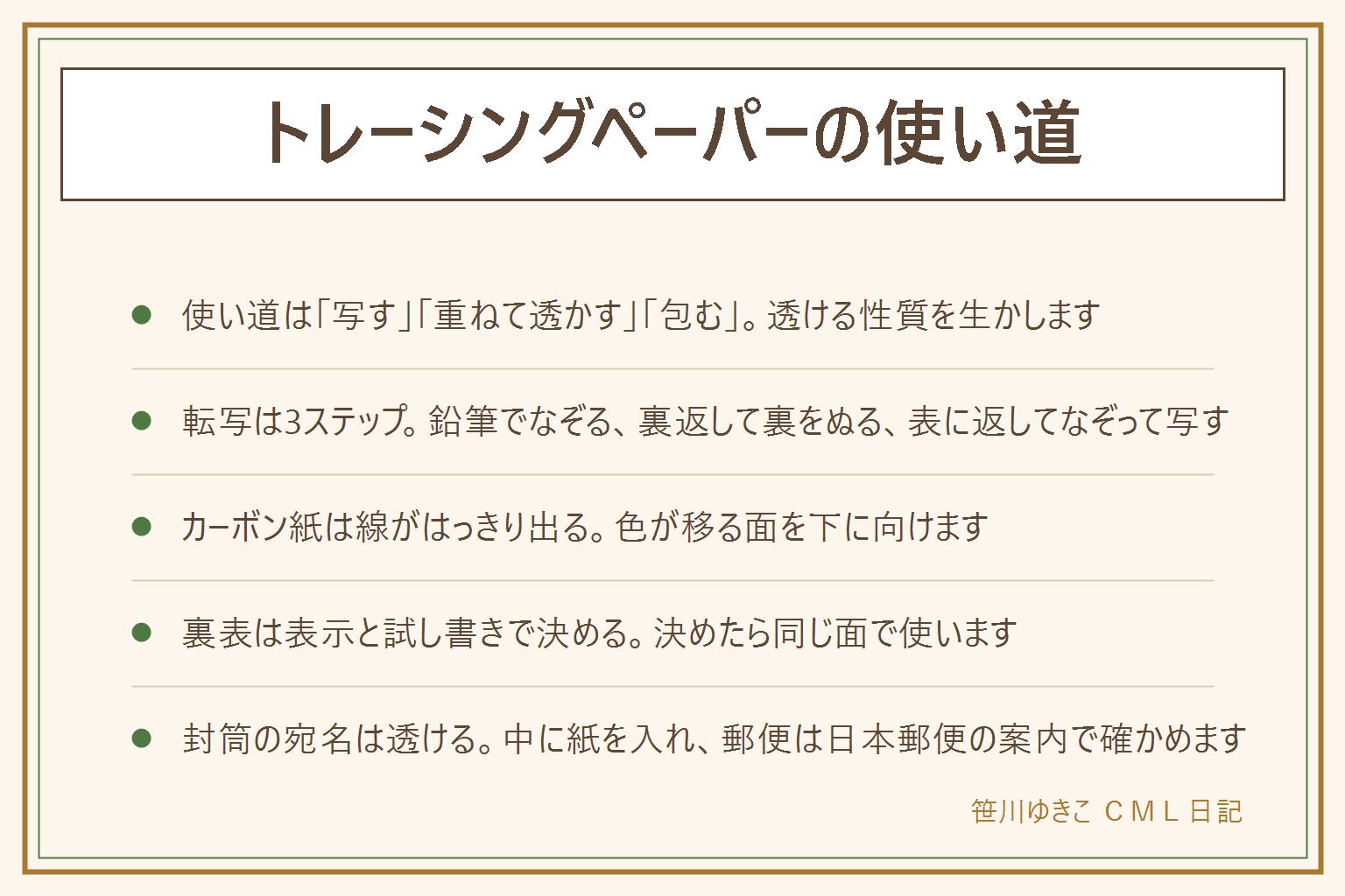 トレーシングペーパーの使い道の早見表:使い道は写す、重ねて透かす、包むの3つ。転写の手順は、1、写したい物の上に重ねて鉛筆で線をなぞる。2、紙を裏返して線の裏側を鉛筆でぬる。3、表に返して写したい紙の上に置き、上から線をなぞって写す。カーボン紙を使う場合は色が移る面を下に向ける。文字や製図は重ねて透かして写す。他の人の絵や漫画を写した物を自分の作品として出したり売ったりしない。裏表は表示と試し書きで決めて同じ面を使う。封筒は便箋を中央に置き、左右を折り、上下を折って留める。宛名は透けるので中に紙を入れ、郵便は日本郵便の案内で確かめる。カッターは下にマットを敷き、子どもが使う時は大人が見る