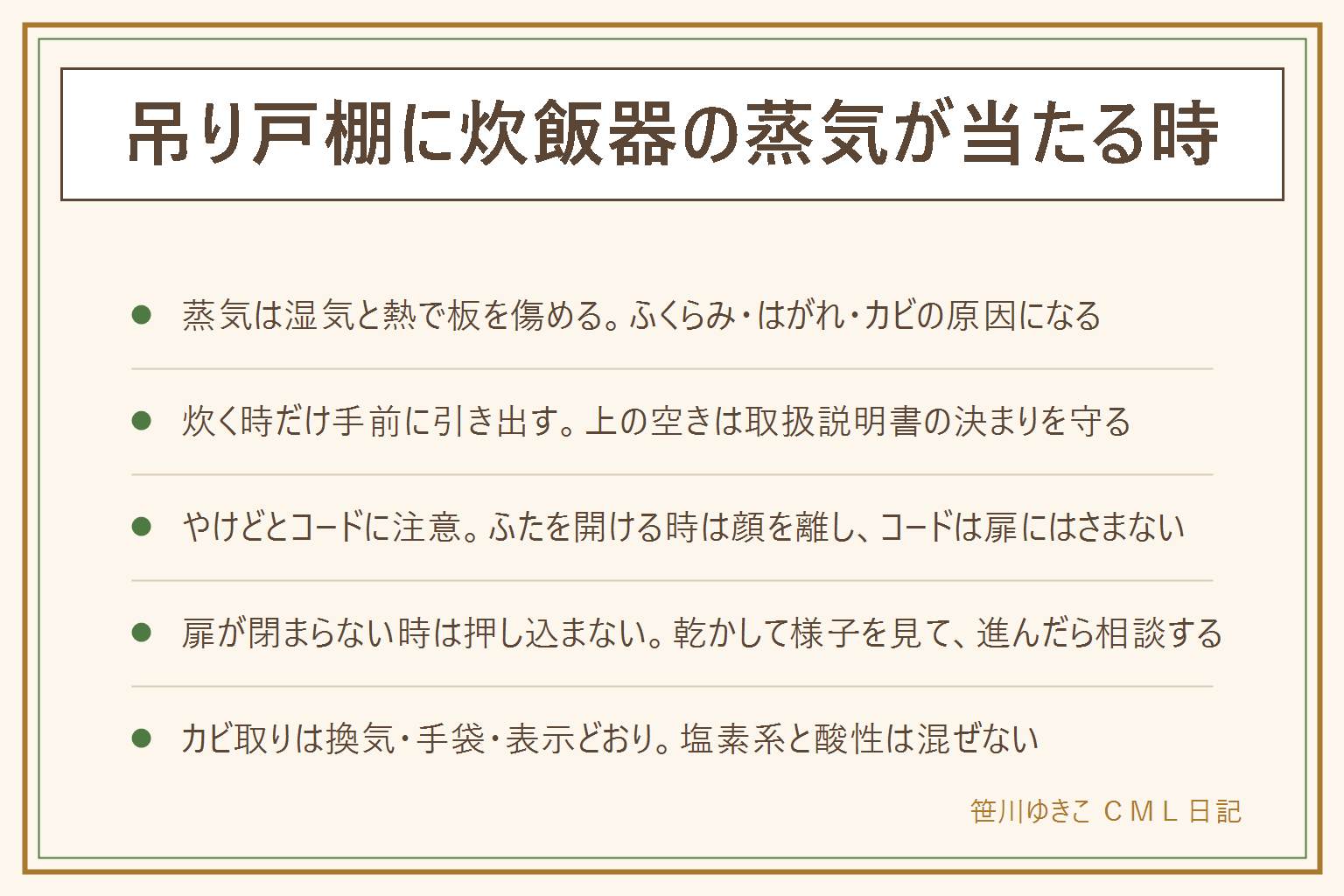 吊り戸棚に炊飯器の蒸気が当たる時の早見表:蒸気は湿気と熱で板にしみこみ、ふくらみ・はがれ・カビ・においの原因になる。置き方は炊く時だけ炊飯器を手前に引き出し、上の空きや放熱は取扱説明書のとおりに。炊き上がりのふたを開ける時は顔を離してやけどに注意し、電源コードは蒸気の下や扉にはさまない。扉が閉まらない時は押し込まず、乾かして様子を見て、進んだら管理会社やメーカーに相談。カビは乾かしてから拭き、薬剤は素材と製品の表示どおりに換気とゴム手袋、塩素系と酸性の洗剤は混ぜない