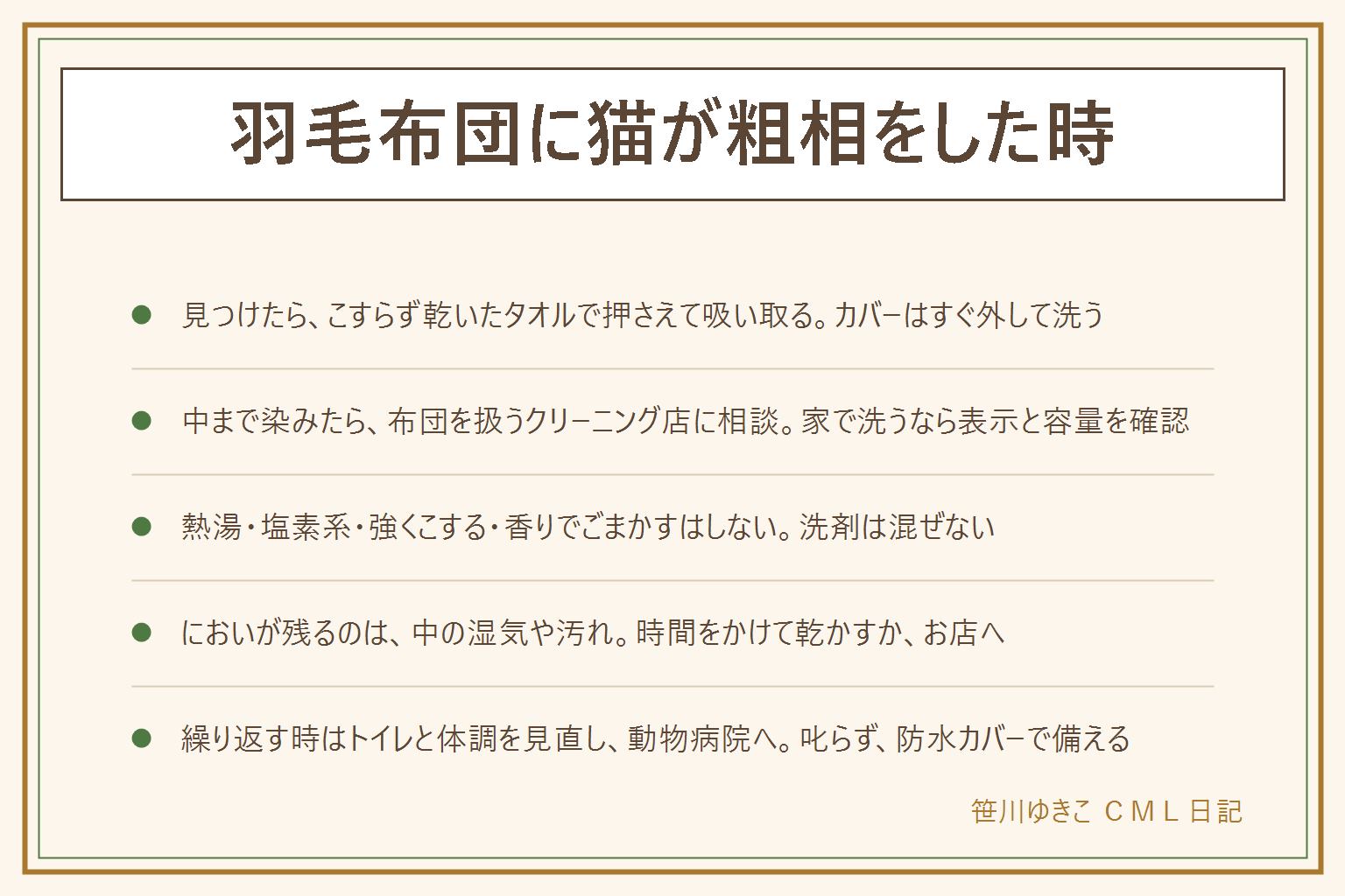 羽毛布団に猫が粗相をした時の早見表:見つけたらこすらず乾いたタオルで押さえて吸い取り、カバーやシーツはすぐ外して洗い、裏側から中の羽毛まで染みたか確かめ、湿ったまま使わない。洗濯表示で洗えて洗濯機に入るなら家で、入らなければコインランドリーの大型機で、洗える表示がない、中まで染みた、においを確実に落としたい時は布団を扱うクリーニング店に相談する。熱湯、塩素系の漂白剤、強くこする、香りでごまかす、生乾きで使うのはしない。塩素系と酸性の洗剤は混ぜない。においが残る時は中の羽毛の湿気や汚れを疑う。繰り返す時はトイレの汚れや数、環境の変化、おしっこの様子を見直し、動物病院に相談し、叱らない。防水の布団カバーと寝室のドアで備える