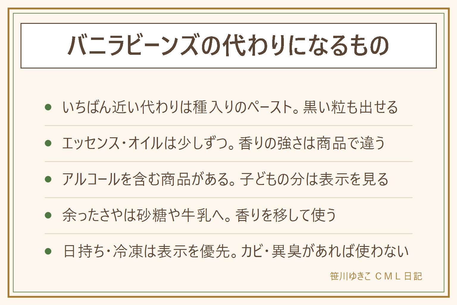 バニラビーンズの代わりになるものの早見表:いちばん近いのは種入りのペーストで、カスタードやアイスなど黒い粒が見えるお菓子に向く。量は商品ごとに濃さが違うので表示の目安に合わせ、なければ少なめから味を見て足す。エッセンスやオイルは香りの強さが商品で違うので少しずつ足す。アルコールを含む商品があるので子どもの分は表示を見る。バニラシュガーは砂糖の量を調整する。余ったさやは砂糖に入れて香りを移す、牛乳に入れて温める、しっかり乾かして保管する。日持ちと冷凍は商品の表示を優先し、カビや異臭があれば使わない。何もない時はバニラなしで作る選択もある