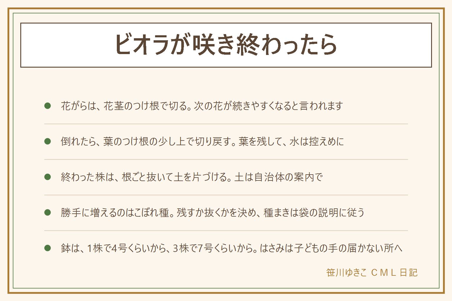 ビオラが咲き終わったらの早見表:しぼんだ花がらは花茎のつけ根で、小さなはさみで切ると次の花が続きやすい。切った花がらは集めて捨てる。伸びて倒れたら葉のつけ根の少し上で切り戻す。咲き終わった株は根ごと抜き、土は自治体の案内で片づける。勝手に増えるのはこぼれ種で、残すか小さいうちに抜くかを決める。種まきは袋の説明に従い、冷蔵庫で冷やす場合は食品と分けて子どもの手の届かない所へ。芽が出ない時は種の古さ、暑さ、土のかぶせ方、水の加減を見直す。鉢は1株で4号くらいから、3株で7号くらいから。花や葉や種は口に入れず、はさみは子どもの手の届かない所へ