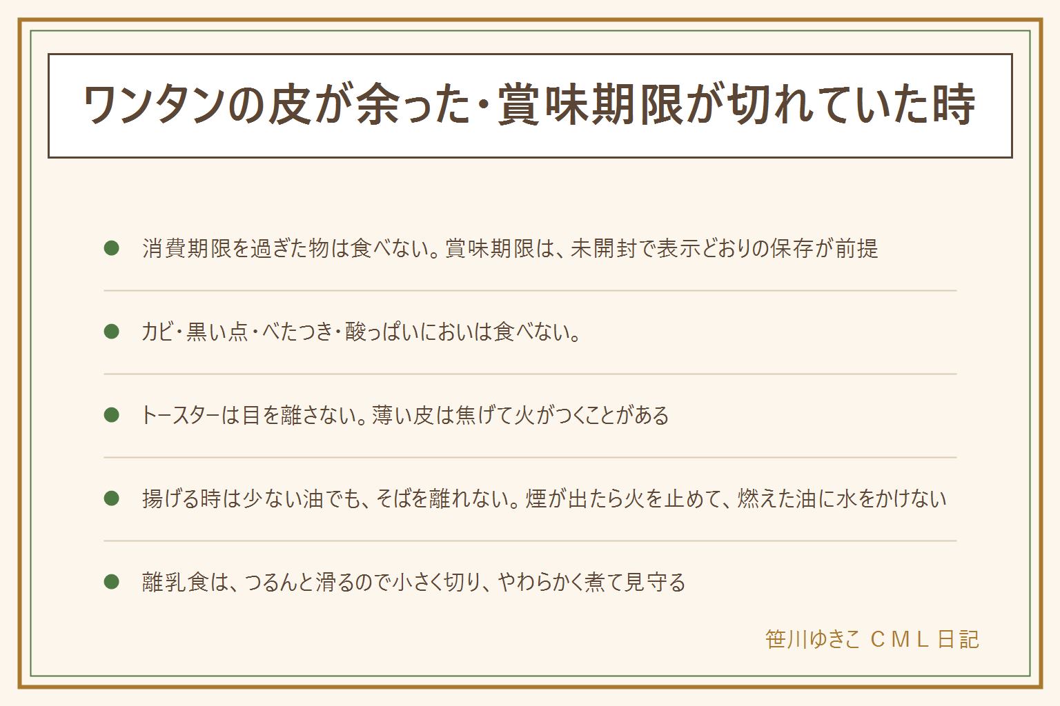 ワンタンの皮が余った・期限が切れていた時の早見表:賞味期限と消費期限は別物で消費期限を過ぎた物は食べない、賞味期限は未開封で表示どおりの保存が前提、カビ・黒い点・べたつき・酸っぱいにおいは食べない、乳幼児・高齢者・妊娠中・体調の悪い人には迷う物を出さない、常温に置いた時間は取り戻せず迷ったら食べない。トースターで焼く時は薄い皮が焦げて火がつくことがあるので目を離さない、受け皿を掃除する、ホイルやシートは熱源に触れさせない、取り出す時はやけどに注意、取扱説明書に従う。揚げる時は少ない油でもそばを離れず、水気を拭き、煙が出たら火を止め、燃えた油に水をかけない。離乳食はメーカーの案内を先に見て、つるんと滑ってのどに入りやすいので小さく切る、やわらかく煮る、大人が見守る、小麦のアレルギー表示を確認し、月齢は自治体やかかりつけの医師に相談する