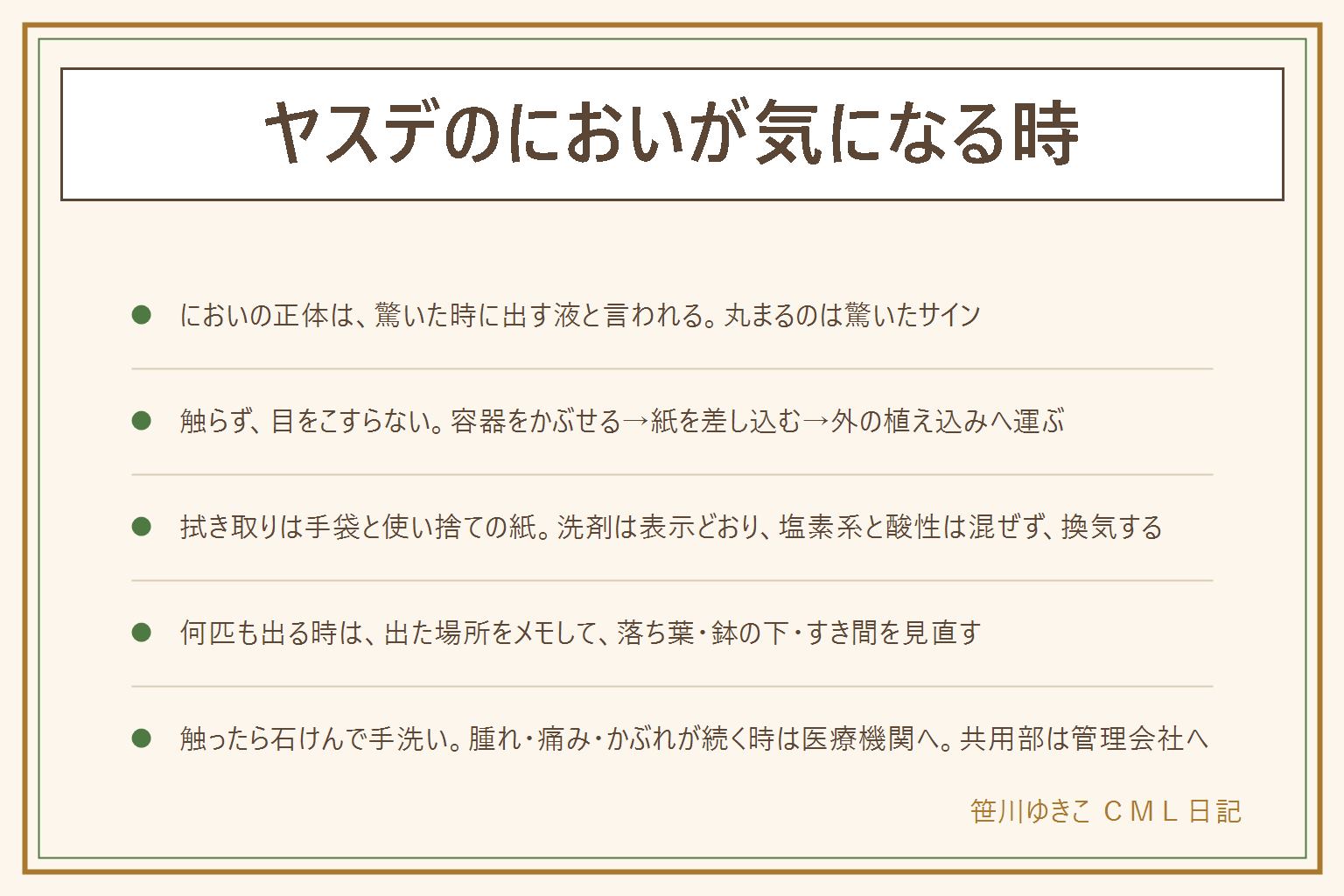 ヤスデのにおいが気になる時の早見表:においの正体は驚いた時に出す液と言われ、驚くと丸まる。触らず目をこすらず、容器を上からかぶせる、下に紙を差し込む、外の植え込みへ運ぶ。触ったら石けんで手を洗い、腫れや痛みが続く時は医療機関へ。においが残った時は手袋と使い捨ての紙で拭き、窓を開けて換気し、塩素系と酸性の洗剤は混ぜない。何匹も出る時は出た場所をメモし、落ち葉・鉢の下・すき間を見直す。共用部は管理会社へ